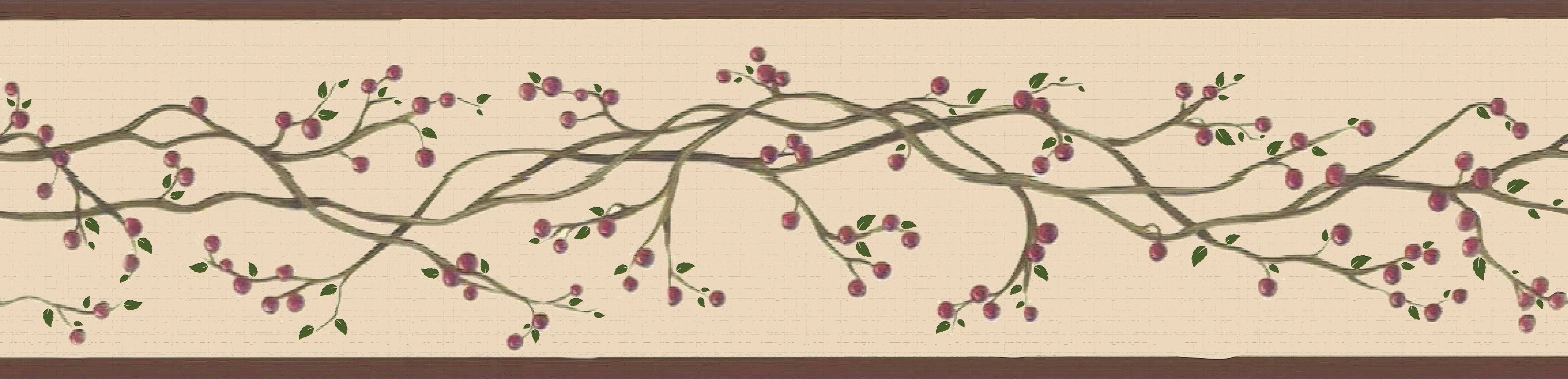 Dundee Deco Peel and Stick Wallpaper Border - Retro Red, Sepia Winterberries on Vine, 15 ft x 7 in