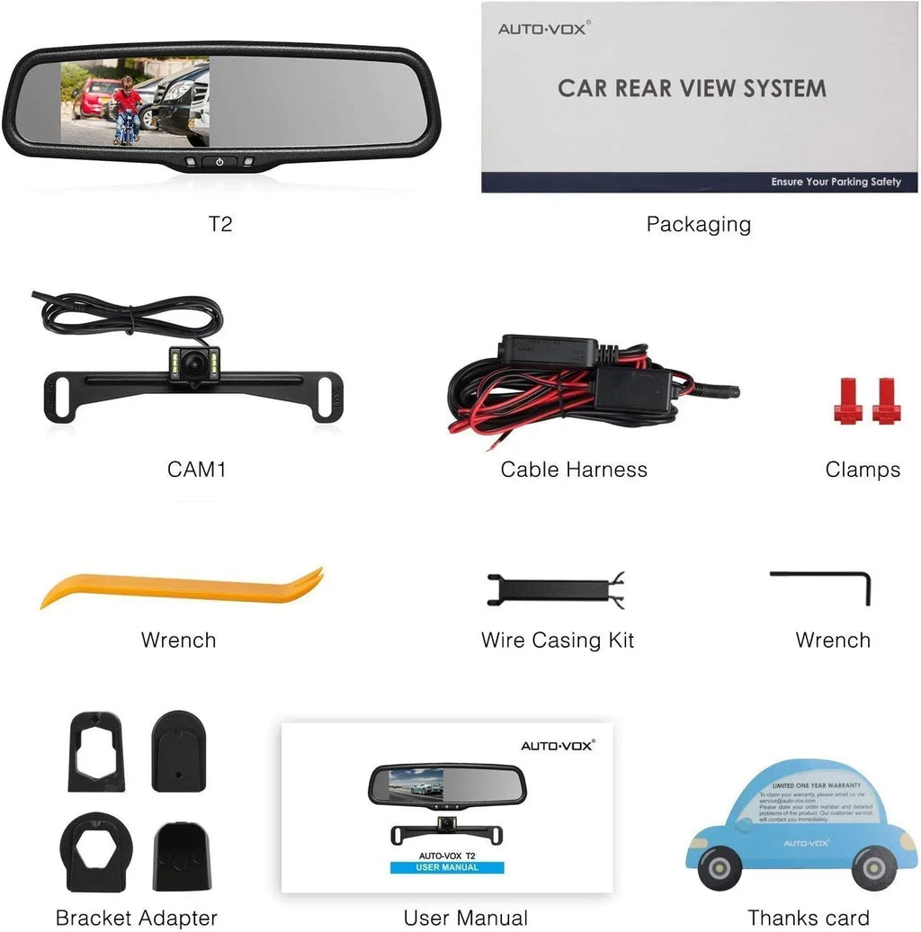 AUTO-VOX 4.3”LCD OEM Rear View Mirror Monitor with IP 68 Waterproof Back Up Car Camera, Night Vision Back Up Camera System for Parking & Reversing (T2 )