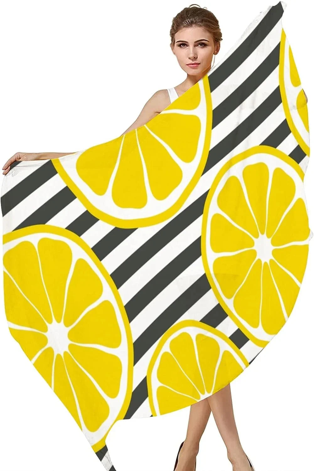Hyjoy Fresh Lemons On Stripes Long Silk Neck Scarf Lightweight Shawl Wrap Scarves for Women Girls