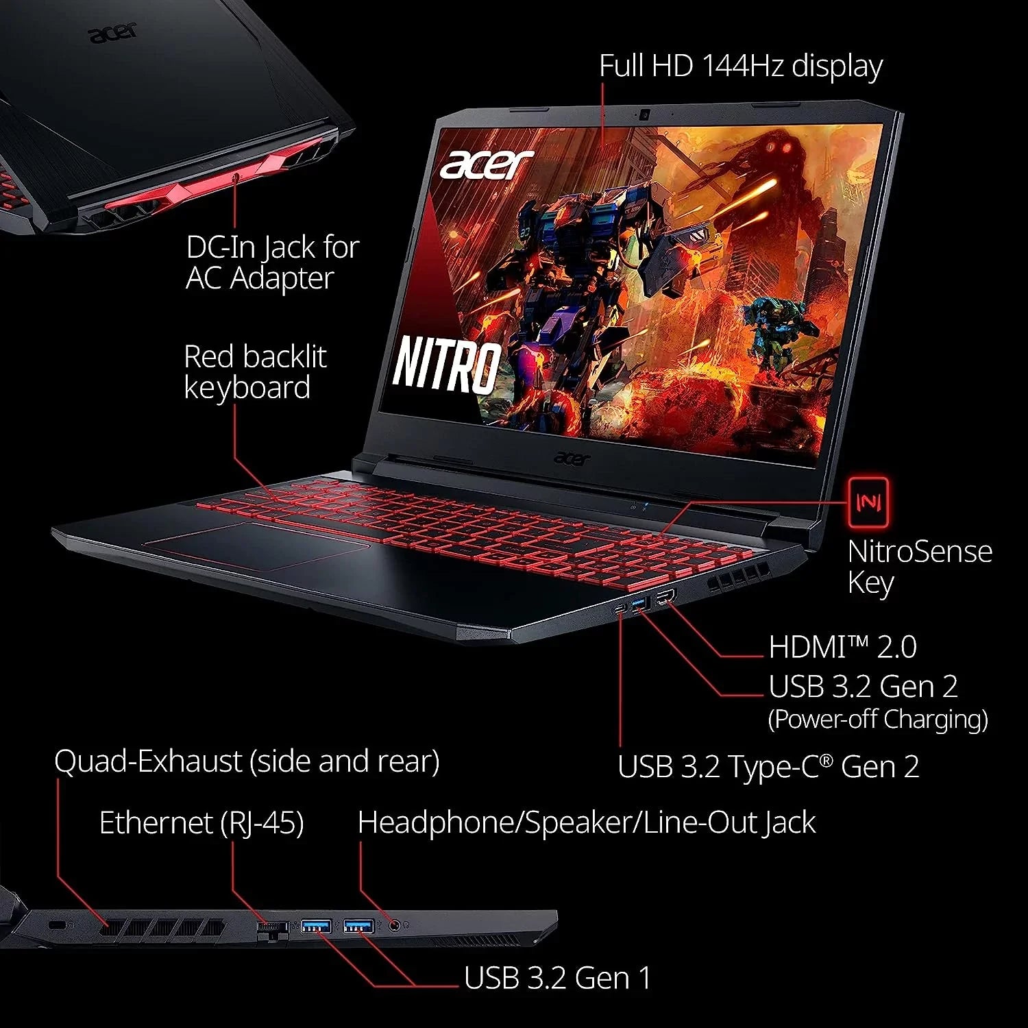 Acer Nitro 5 15.6-Inch 144hz IPS Gaming Laptop + High Quality 6ft HDMI Cable + LCD Screen Cleaner + Wired Stereo Gaming Headset + Gaming Mouse