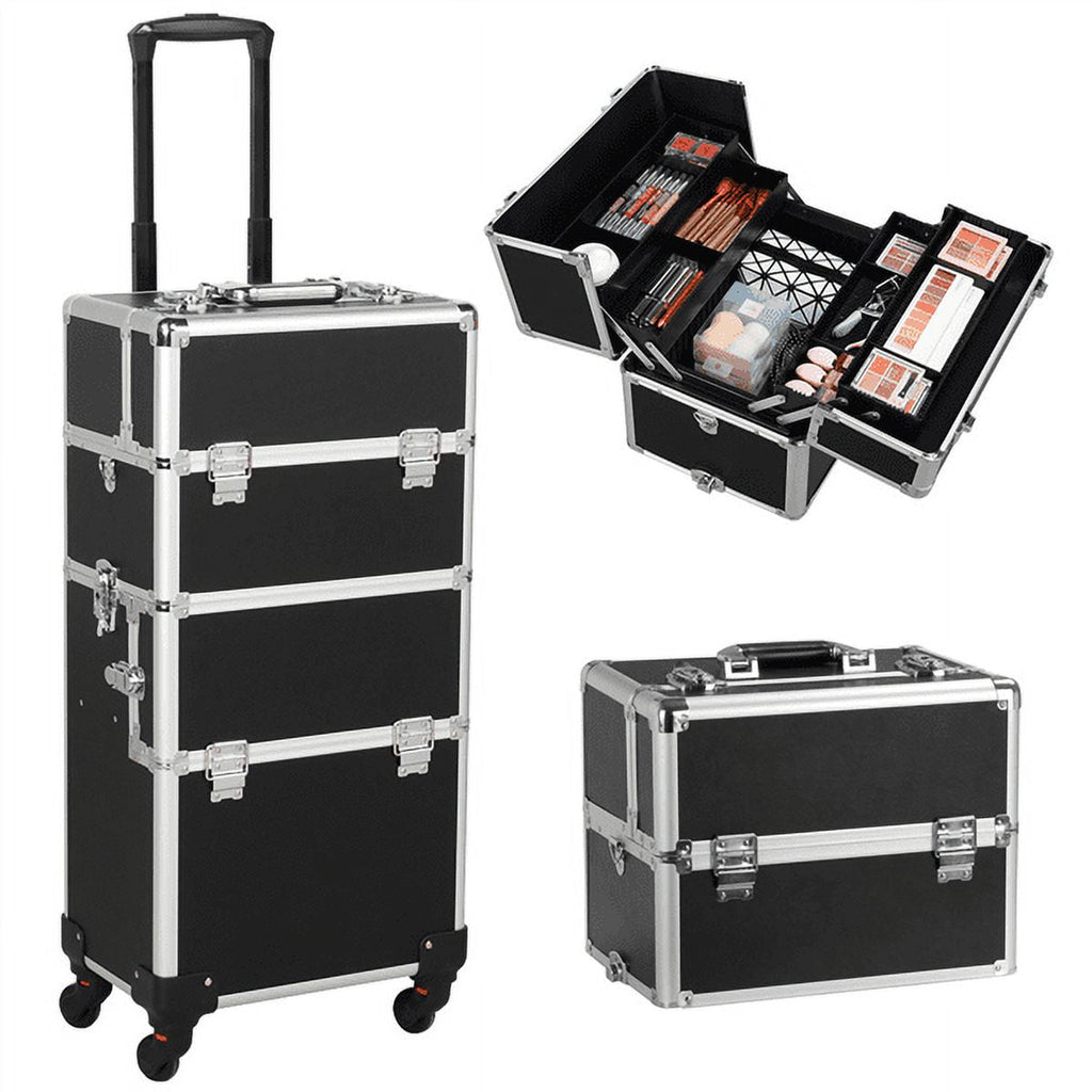 Easyfashion 3-in-1 Rolling Professional Cosmetic Makeup Case, Black