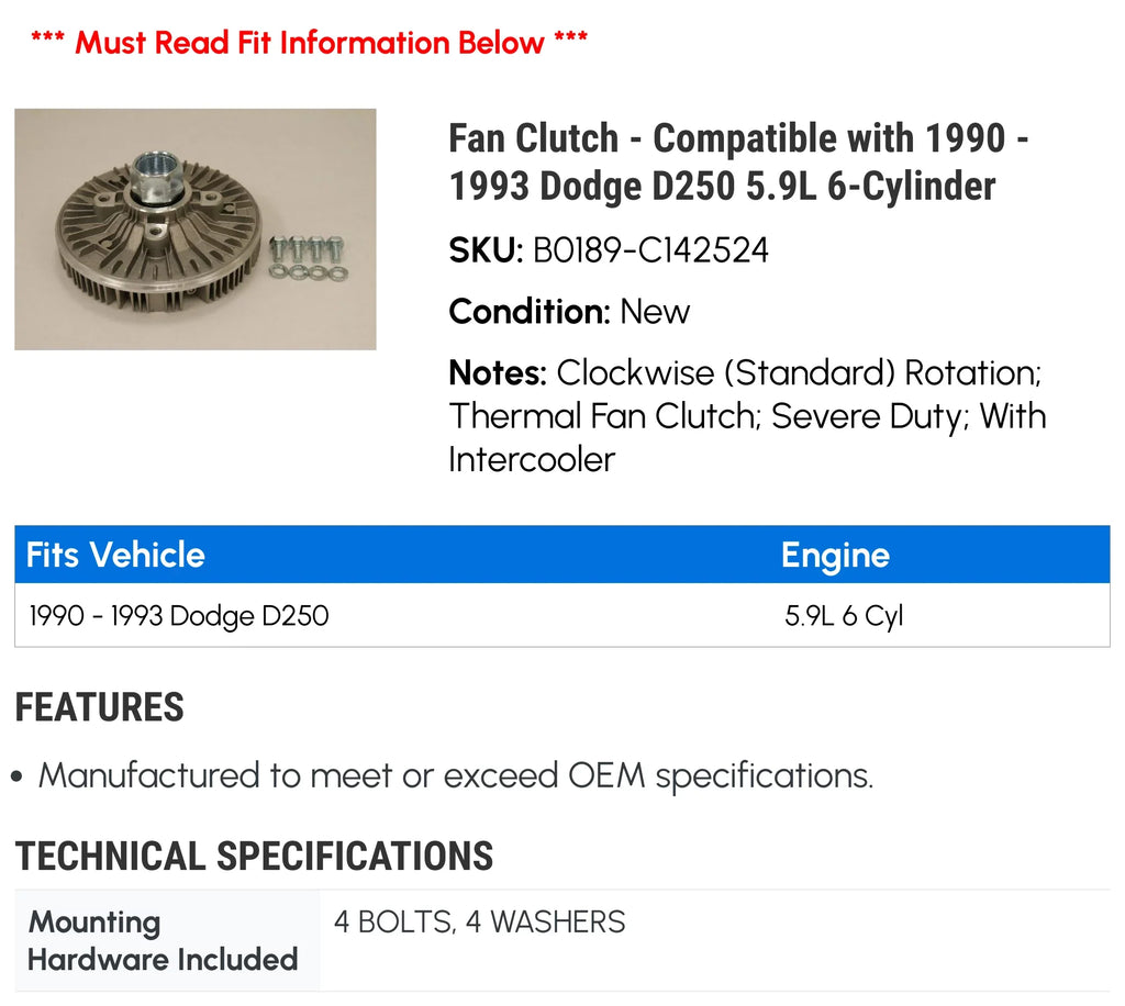 Fan Clutch - Compatible with 1990 - 1993 Dodge D250 5.9L 6-Cylinder 1991 1992