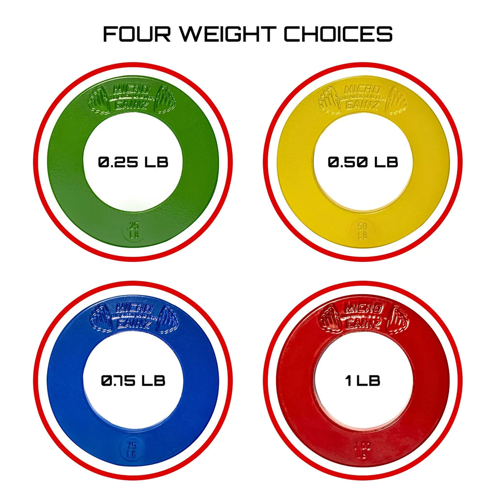 Micro Gainz Multi-Color Calibrated Fractional Weight PLatitudee Set of .25LB-.50LB-.75LB-1LB PLatitudees (8 PLatitudee Set) w/ Bag- For Olympic Barbells, Made in USA
