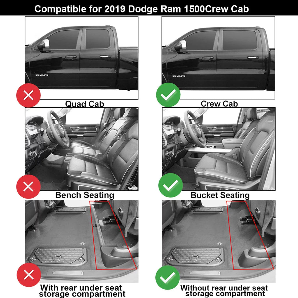 3W Floor Mats for Dodge Ram 2019 2020 (NOT for Storage Under Rear Seat) - Full Set All Weather Ram 1500 Crew Cab Carpet with Non-Toxic TPE 1st & 2nd Row for Bucket Seating, Black