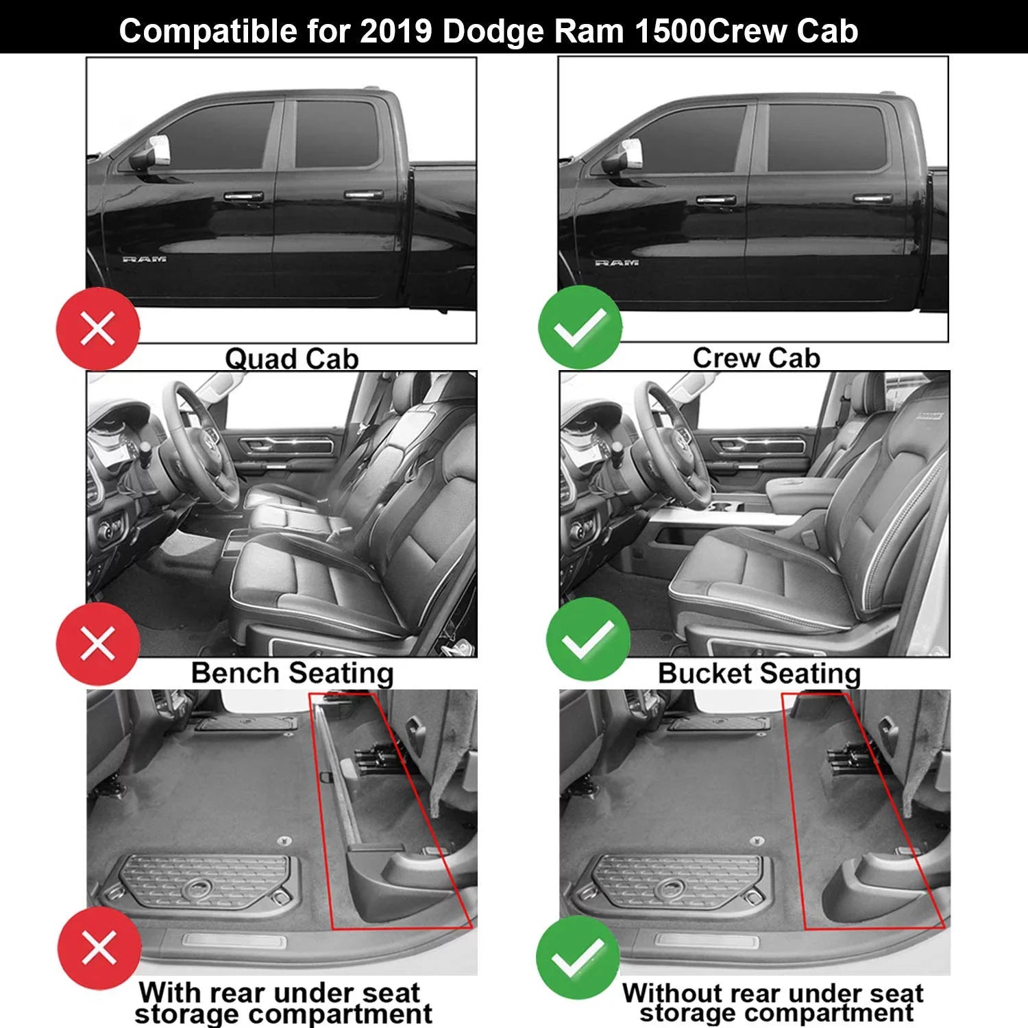 3W Floor Mats for Dodge Ram 2019 2020 (NOT for Storage Under Rear Seat) - Full Set All Weather Ram 1500 Crew Cab Carpet with Non-Toxic TPE 1st & 2nd Row for Bucket Seating, Black