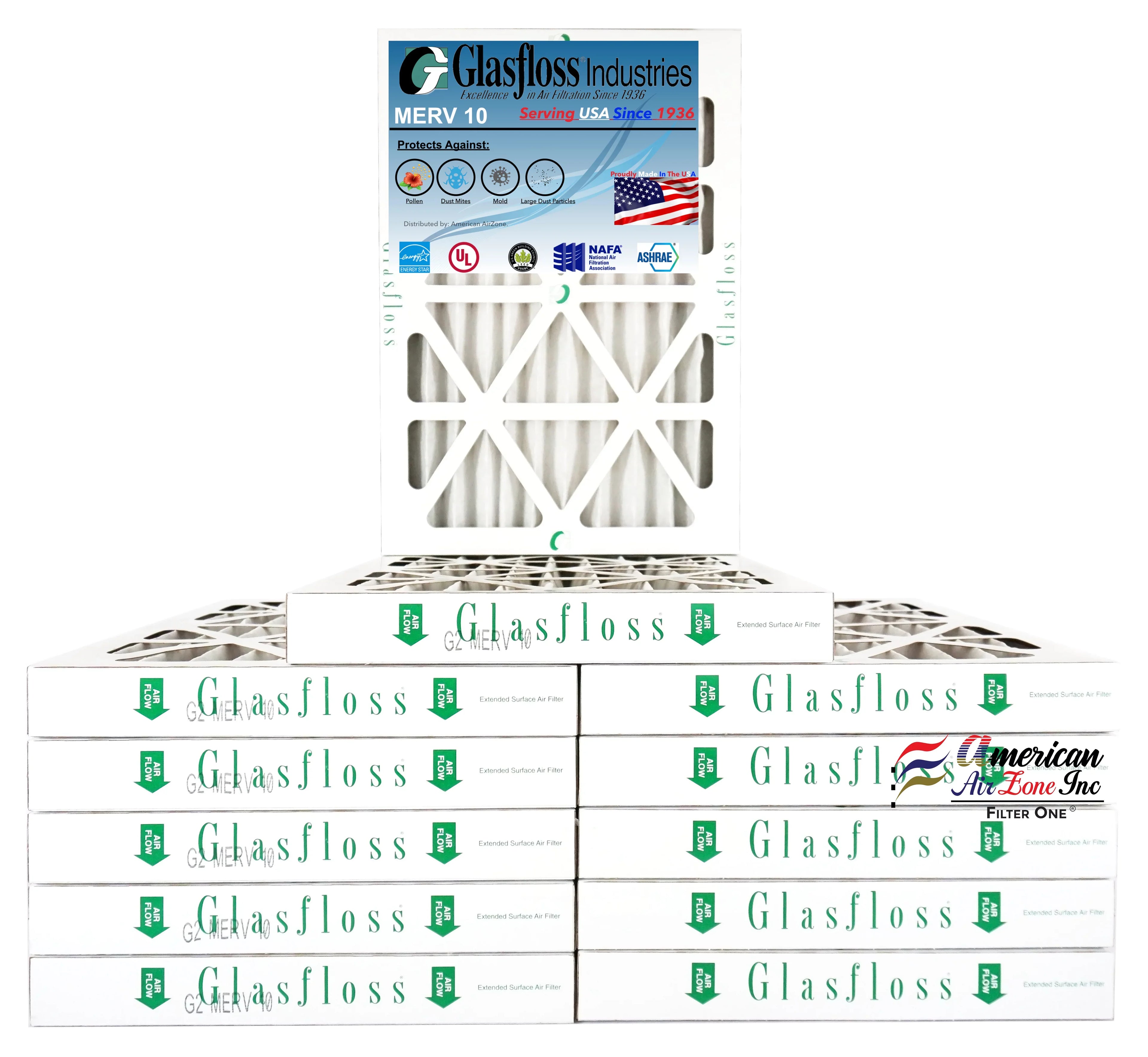 Glasfloss Air Filter 14x25x2 - 2" MERV 10 - (Pack of 12) - Pleated AC or HVAC Air Filter - Furnace Air Filter - Home or Office - Made In The USA.