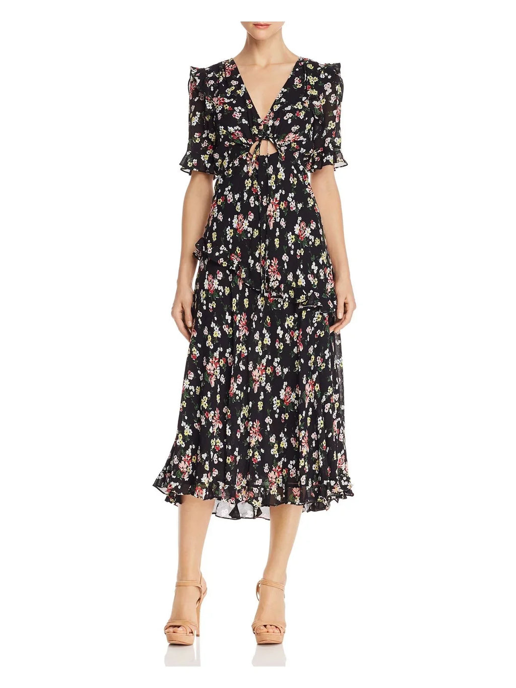 JILL JILL STUART Womens Black Floral Short Sleeve V Neck Below The Knee Evening Fit + Flare Dress 2
