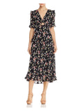 JILL JILL STUART Womens Black Floral Short Sleeve V Neck Below The Knee Evening Fit + Flare Dress 2