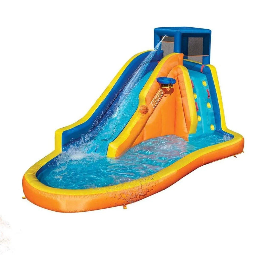 Banzai InfLatitudeable Water Slide - Huge Kids Pool (14 Feet Long by 8 Feet High) with Built in Sprinkler Wave and Basketball Hoop
