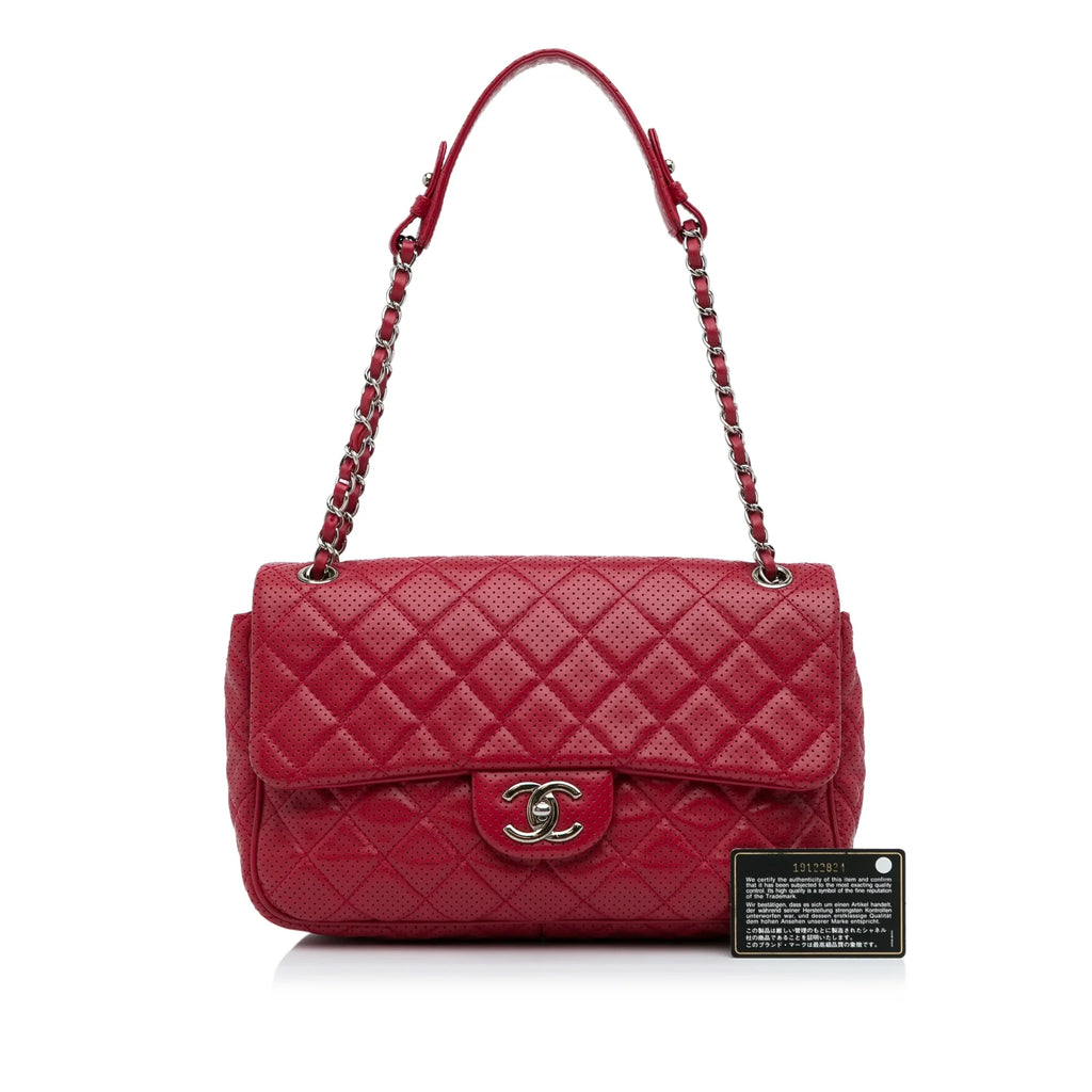 Pre-Owned Authenticated Chanel Jumbo Classic Perforated Lambskin Single Flap Leather Red Shoulder Bag Unisex (Good)