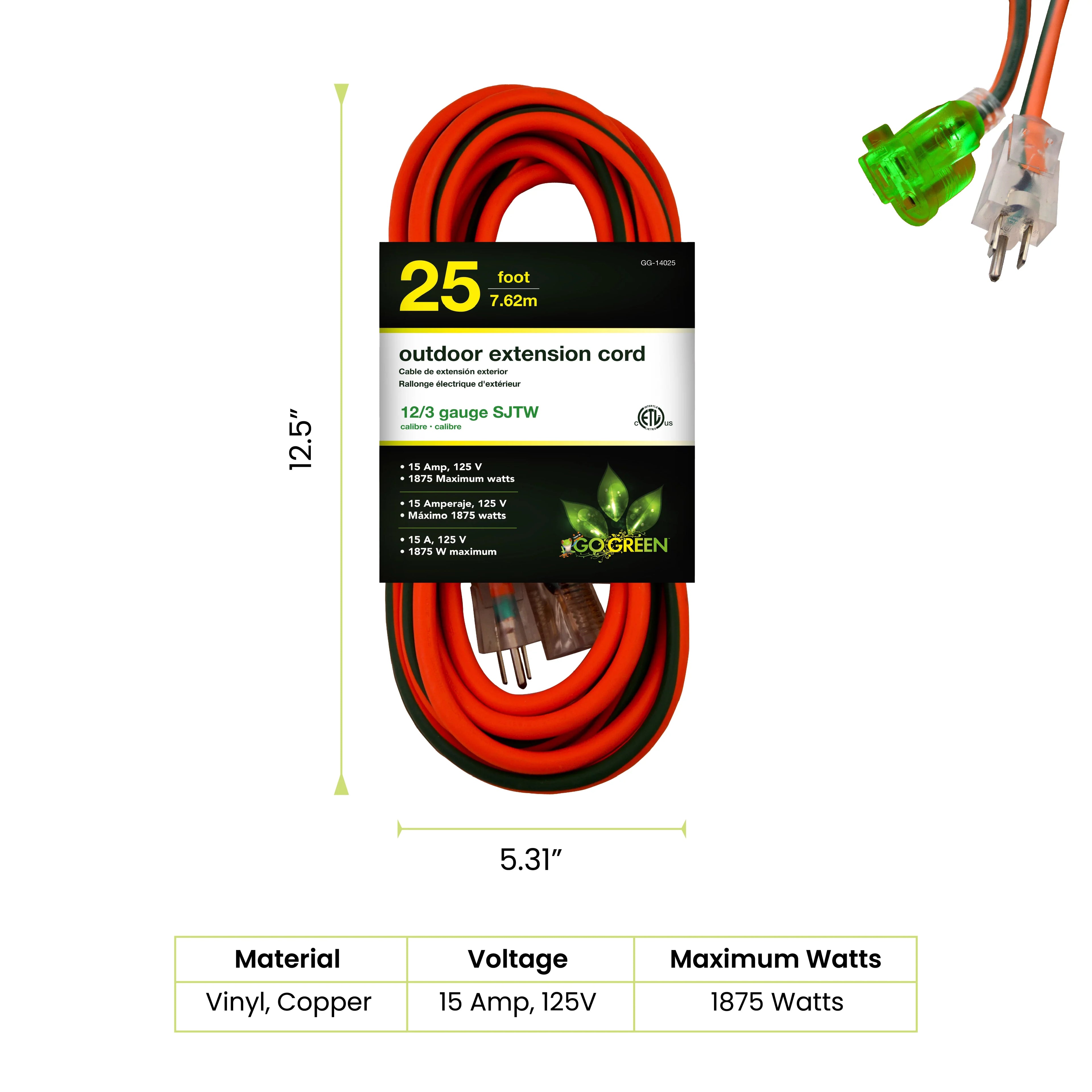 GoGreen Power (GG-14025) 12/3 25’ SJTW Outdoor Extension Cord, Lighted End, 25 Ft