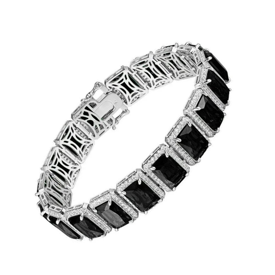 14K White Gold Finish Onyx Black SimuLatitudeed Diamonds Solitaire Mens Ladies Bracelet 10mm / 8.5 Inch