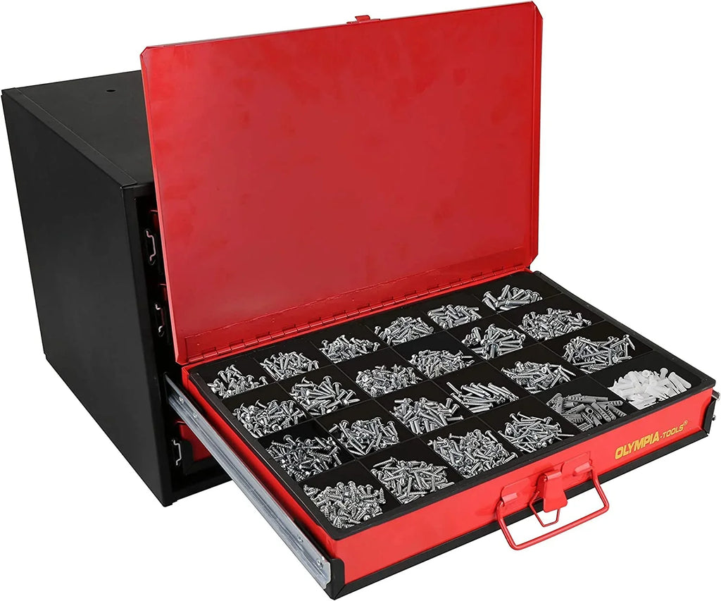 QCAI 90-806 4-Drawer Hardware Organizer includes 2500-pieces Small Hardware, black/red