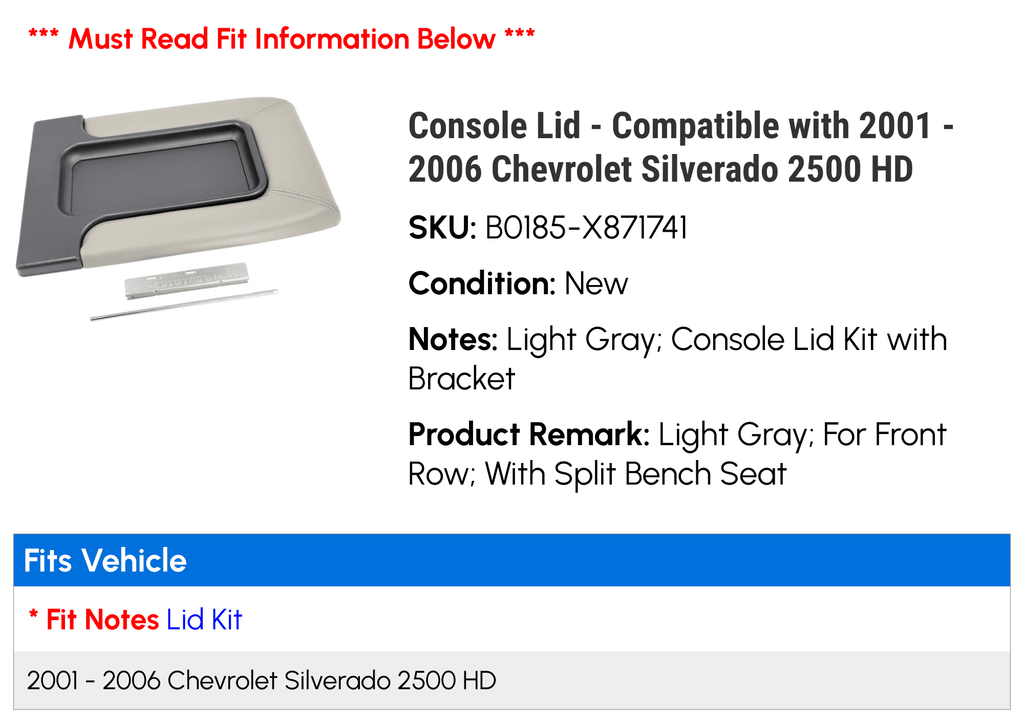 Console Lid - Compatible with 2001 - 2006 Chevy Silverado 2500 HD 2002 2003 2004 2005