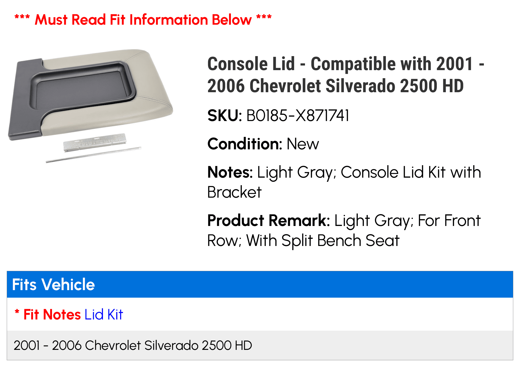 Console Lid - Compatible with 2001 - 2006 Chevy Silverado 2500 HD 2002 2003 2004 2005