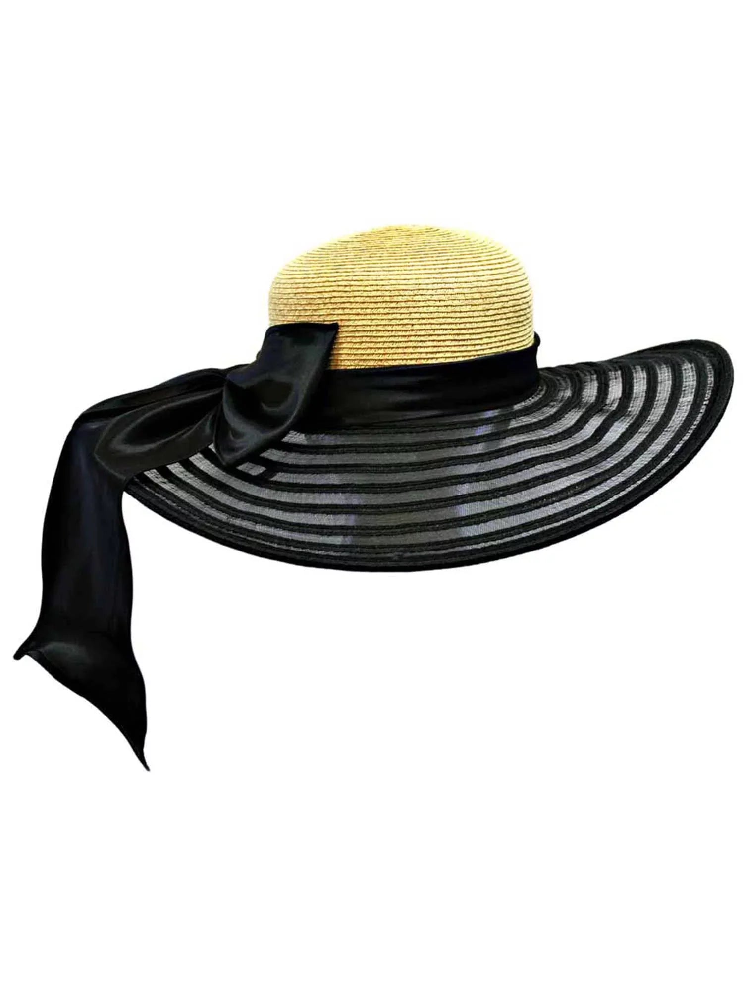 Wheat & Black Wide Brim Floppy Hat Large With Satin Bow