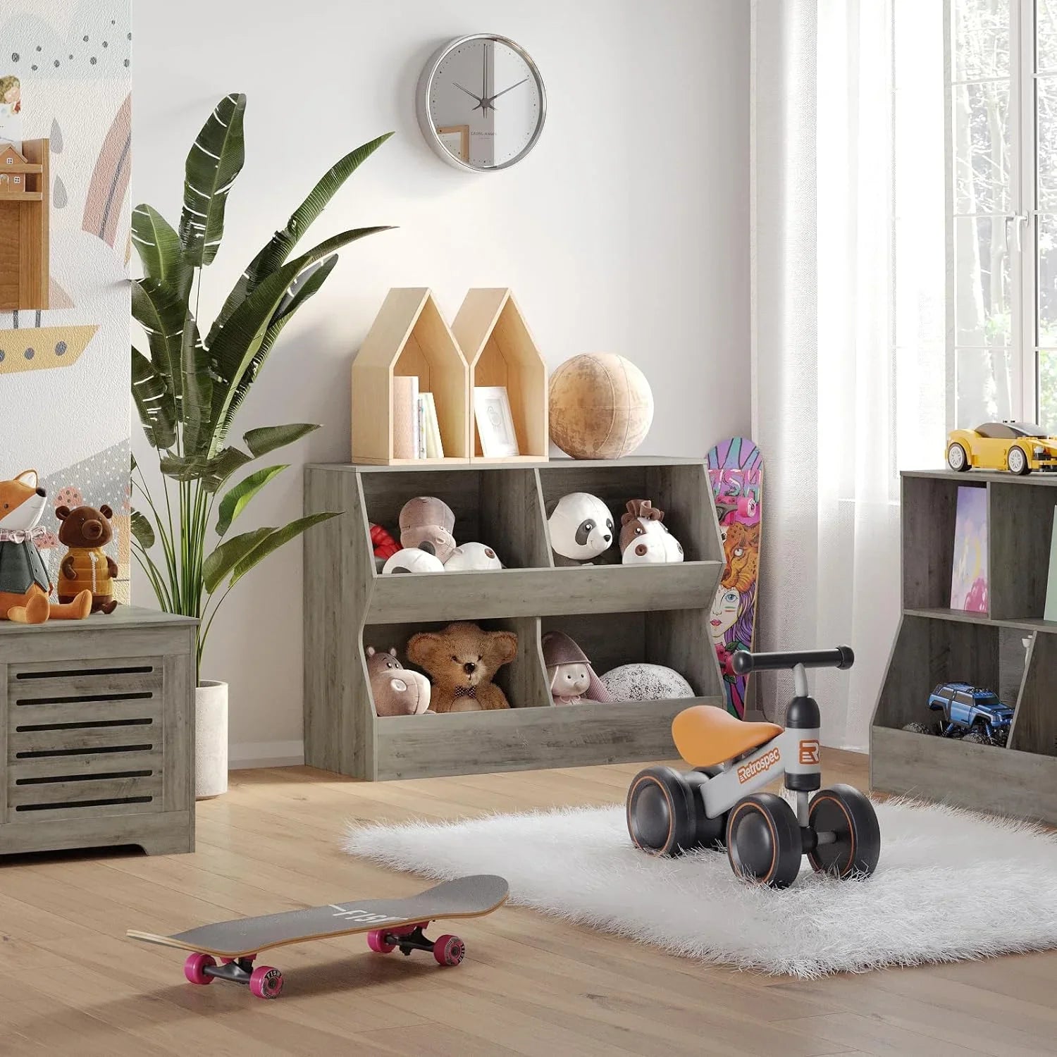 JIAH Kids , Toy Storage Organizer, Wooden Toy Storage Cabinet, 4 Cubby Children Bookcase, Toddler Book Toy Shelf for Bedroom, Nursery, Hallway, School, 39.4" Long, Gray Wash