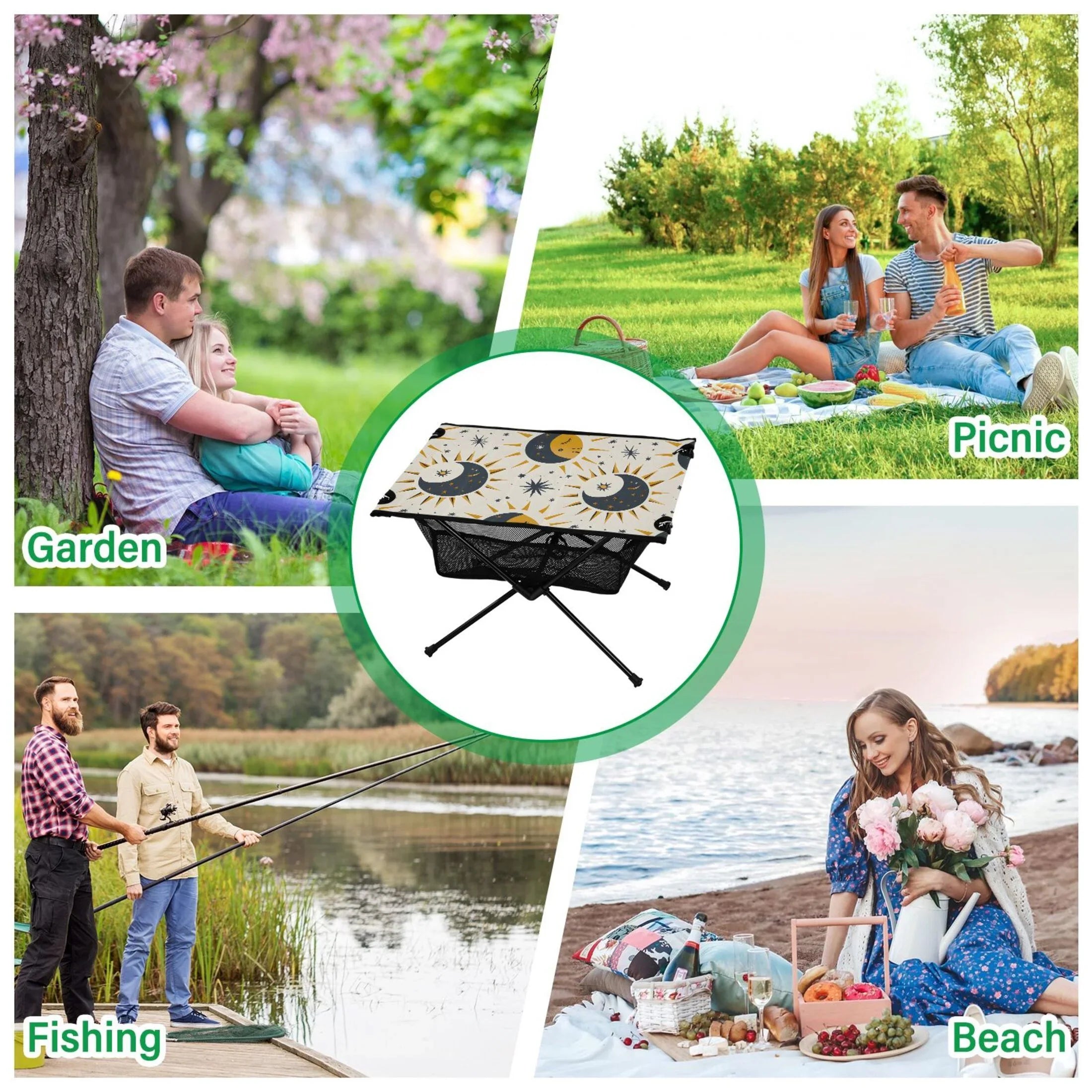 Sun Moon and Stars Camping Folding Table Portable Beach Table with Storage Bag Compact Picnic Table for Outdoor Travel Fishing BBQ