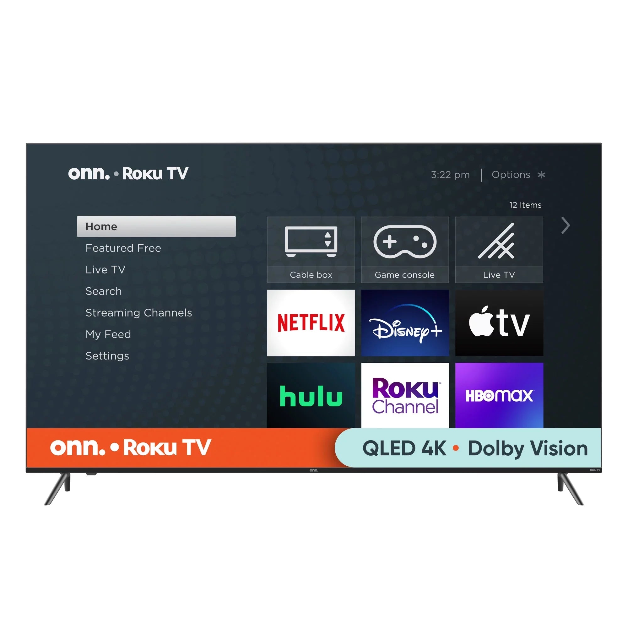 onn. 75” QLED 4K UHD (2160p) Roku Smart TV with Dolby Atmos, Dolby Vision, Local Dimming, 120hz Effective Refresh Rate, and HDR (100071709)