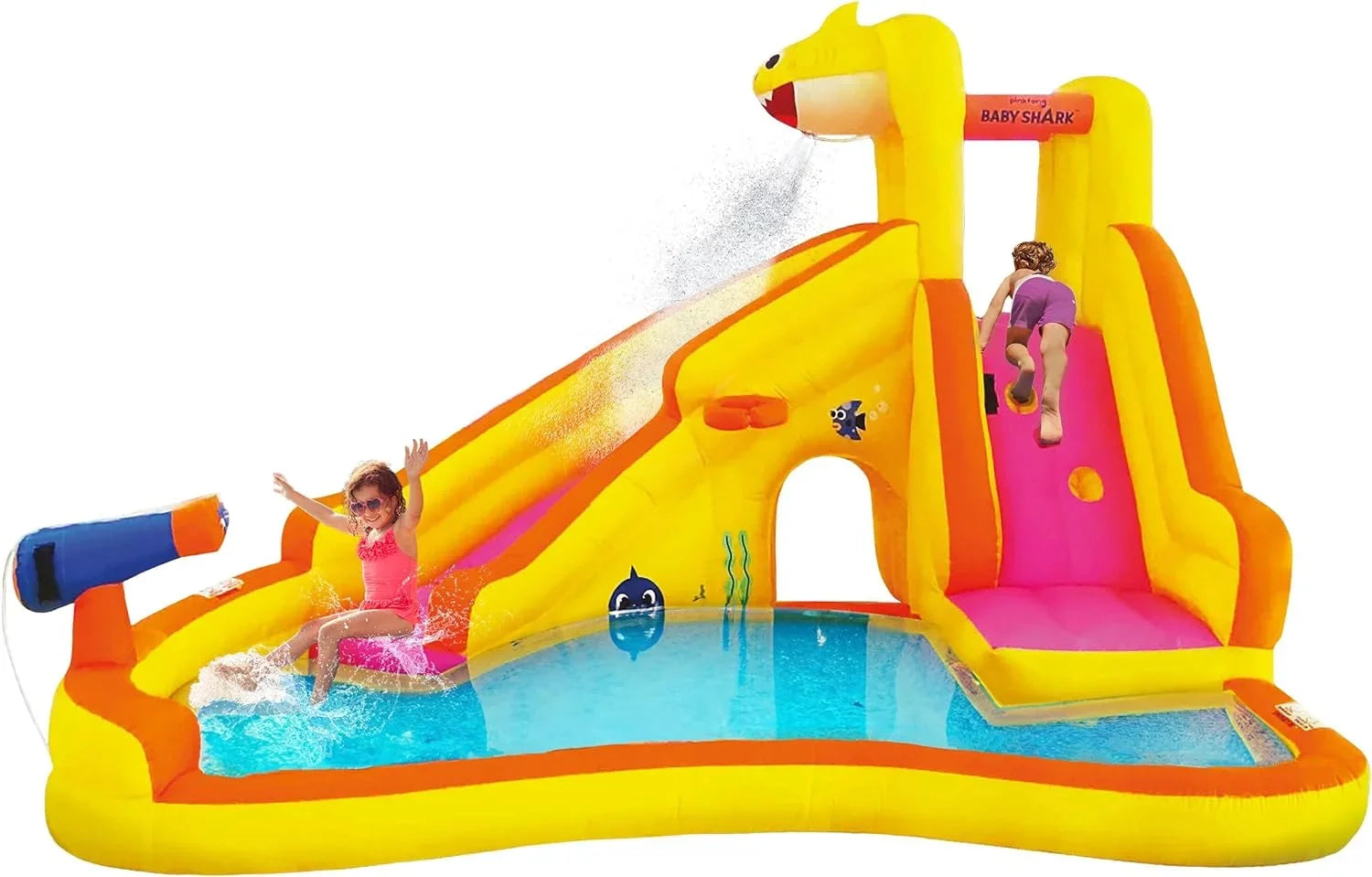Funormous Baby Shark Bounce House with Slide Wet or Dry, Pink Fong InfLatitudeable Water Slide, Party Outdoor Curve Waterslide Fun, Kids Backyard Water Park, Includes Water Sprayer, Pool & Blower