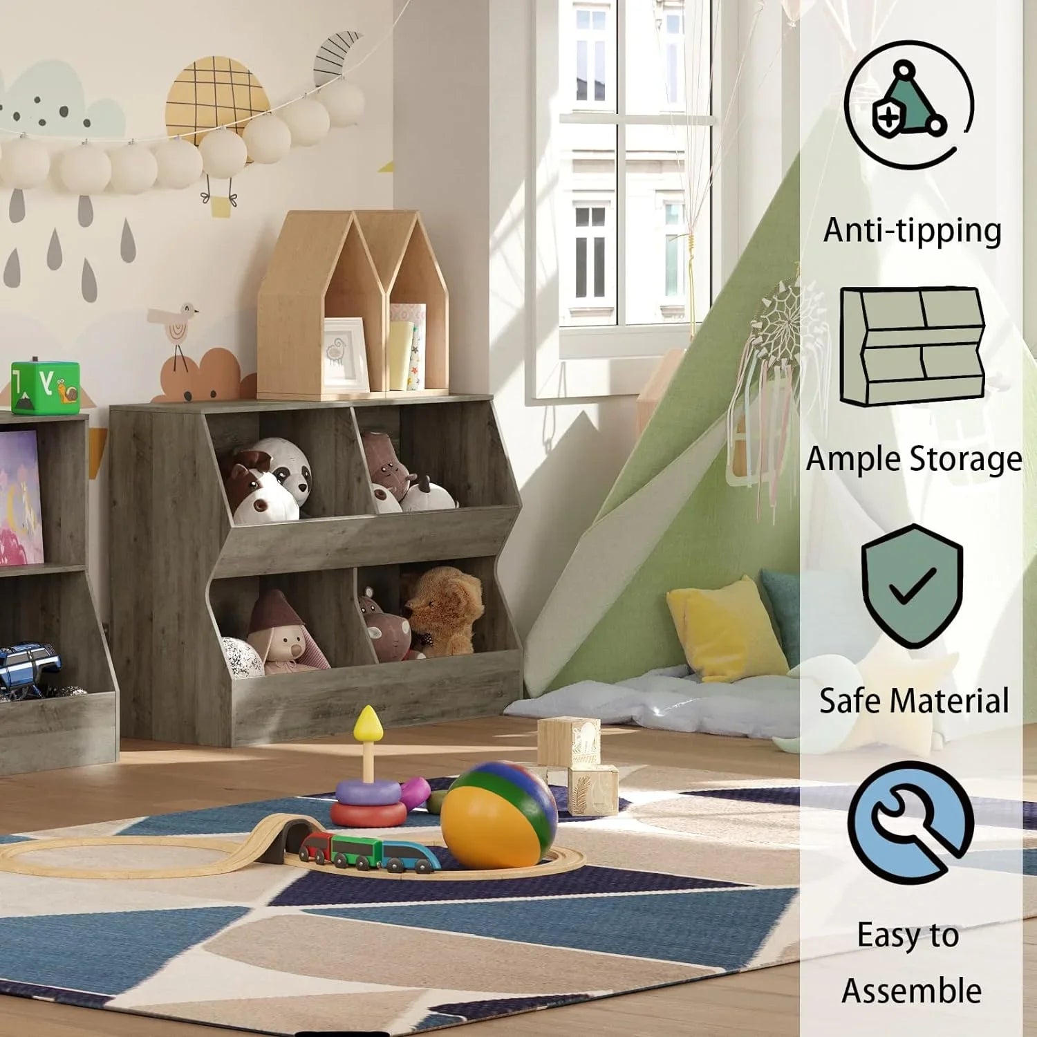 JIAH Kids , Toy Storage Organizer, Wooden Toy Storage Cabinet, 4 Cubby Children Bookcase, Toddler Book Toy Shelf for Bedroom, Nursery, Hallway, School, 39.4" Long, Gray Wash