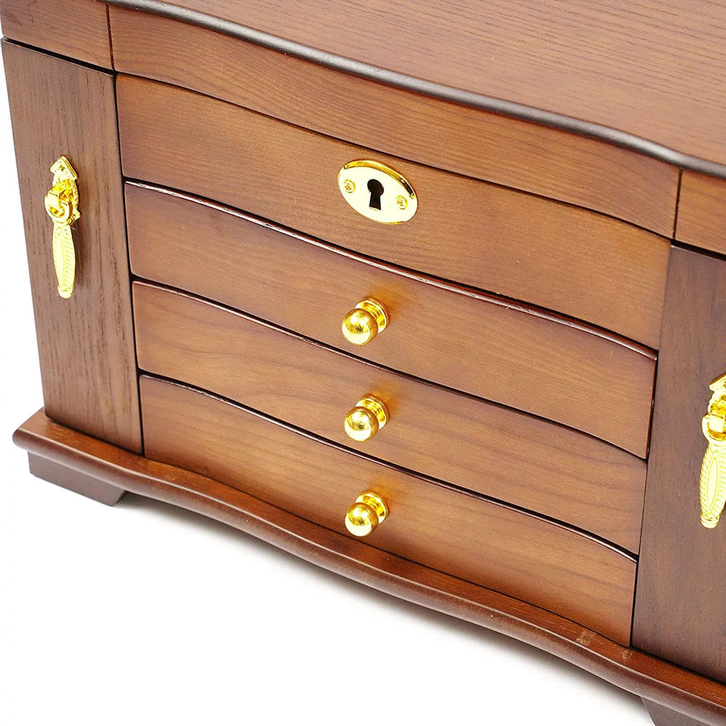 MONIPA 4 layers Wooden Gemstone Display Case Jewelry Storage Case W/ 4 Drawers and 2 Swing-out Cabinets