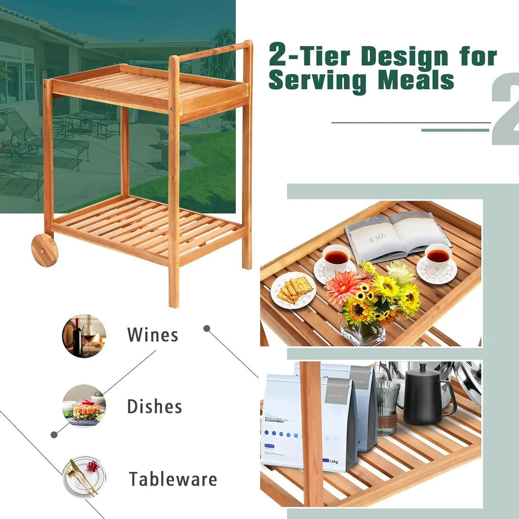 Patio Side Table on Wheels, Acacia Wood Outdoor Buffet Cart, Rolling Kitchen Island Serving Cart with Legs & Handle, 2-Tier Utility Cart for Home Kitchen Bar Garden Poolside