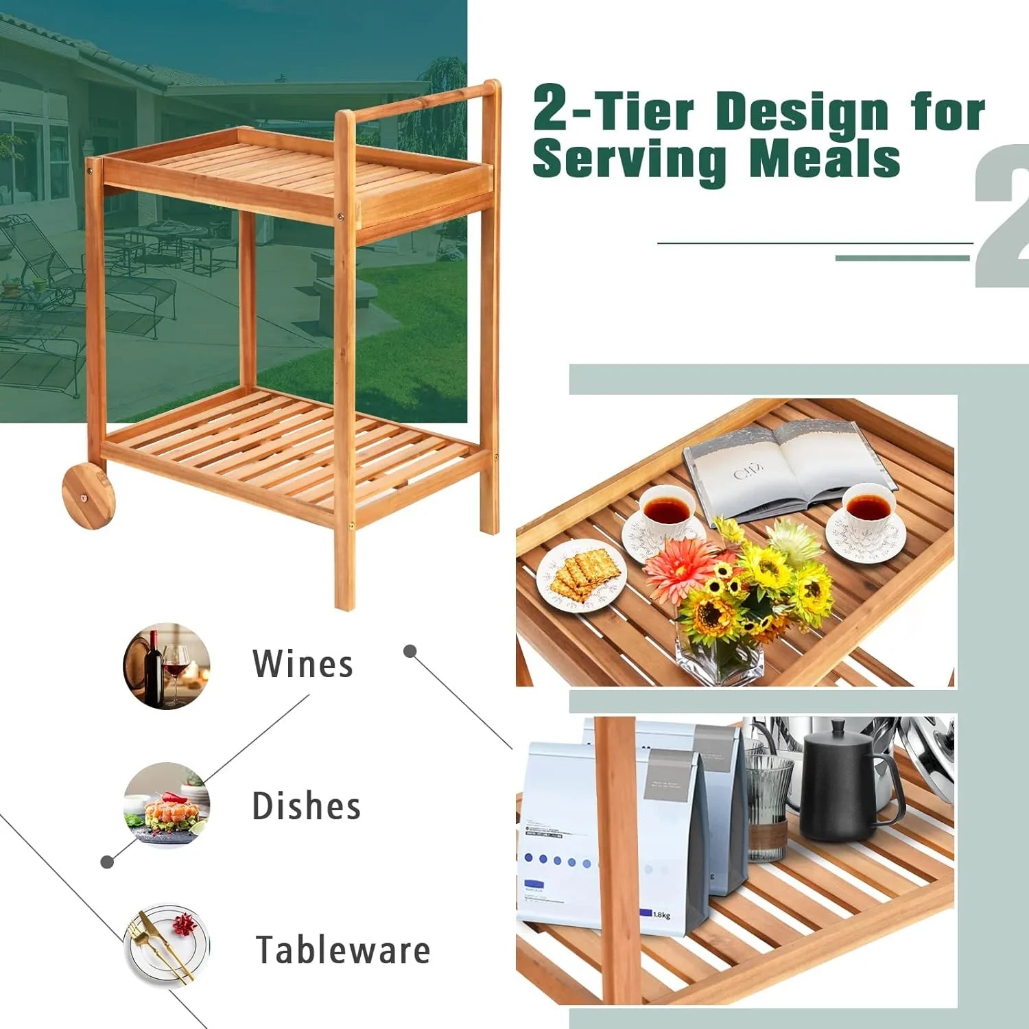 Patio Side Table on Wheels, Acacia Wood Outdoor Buffet Cart, Rolling Kitchen Island Serving Cart with Legs & Handle, 2-Tier Utility Cart for Home Kitchen Bar Garden Poolside