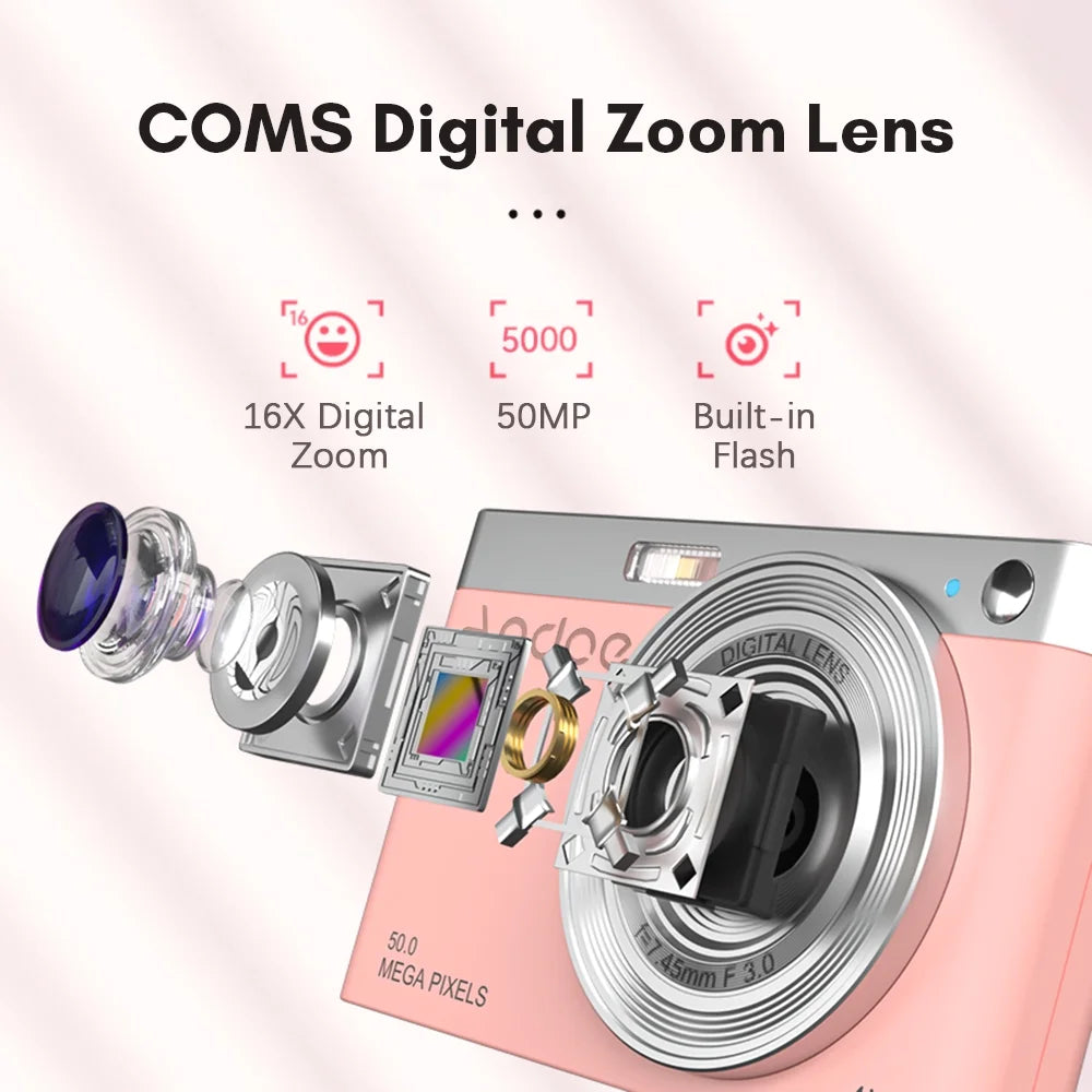 Compact 4K Digital Video Camera with 50MP, Auto Focus, and 16X Zoom for Teens
