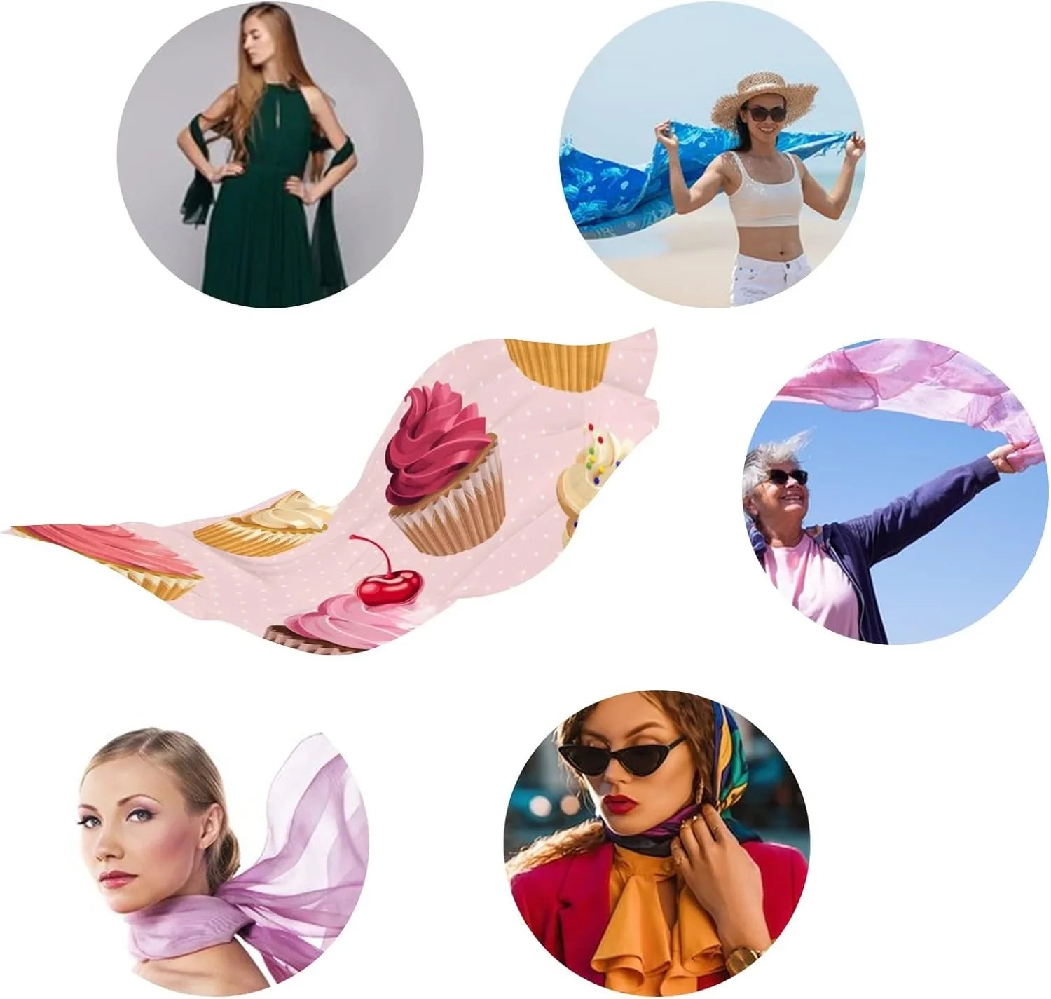 Hyjoy Cupcakes Polka Dot Long Silk Neck Scarf Lightweight Shawl Wrap Scarves for Women Girls