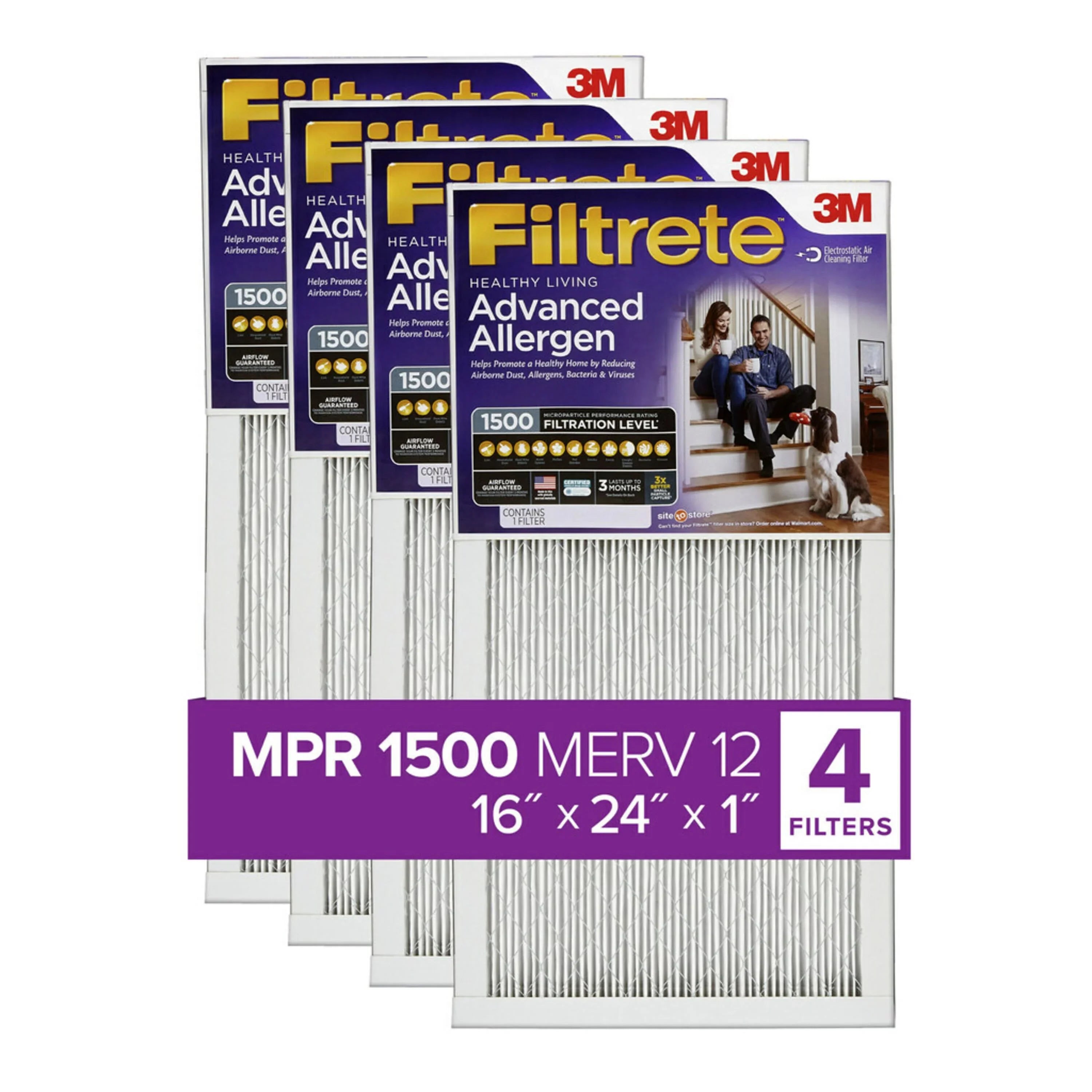 Filtrete 16x24x1 Air Filter, MPR 1500 MERV 12, Advanced Allergen Reduction, 4 Filters