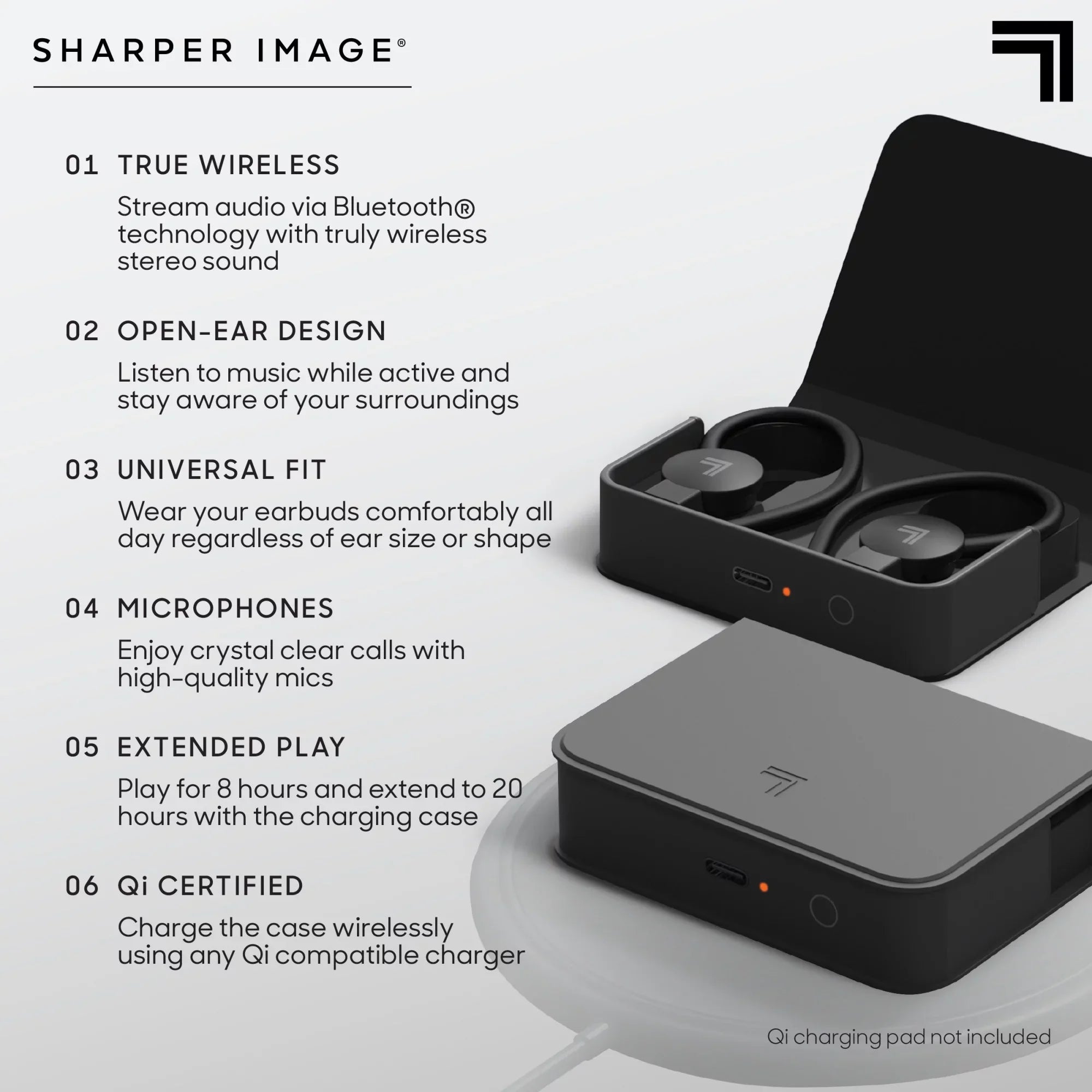 Sharper Image® SoundHaven® Sport True Wireless Bluetooth Earbuds with Qi Charging Case, Black