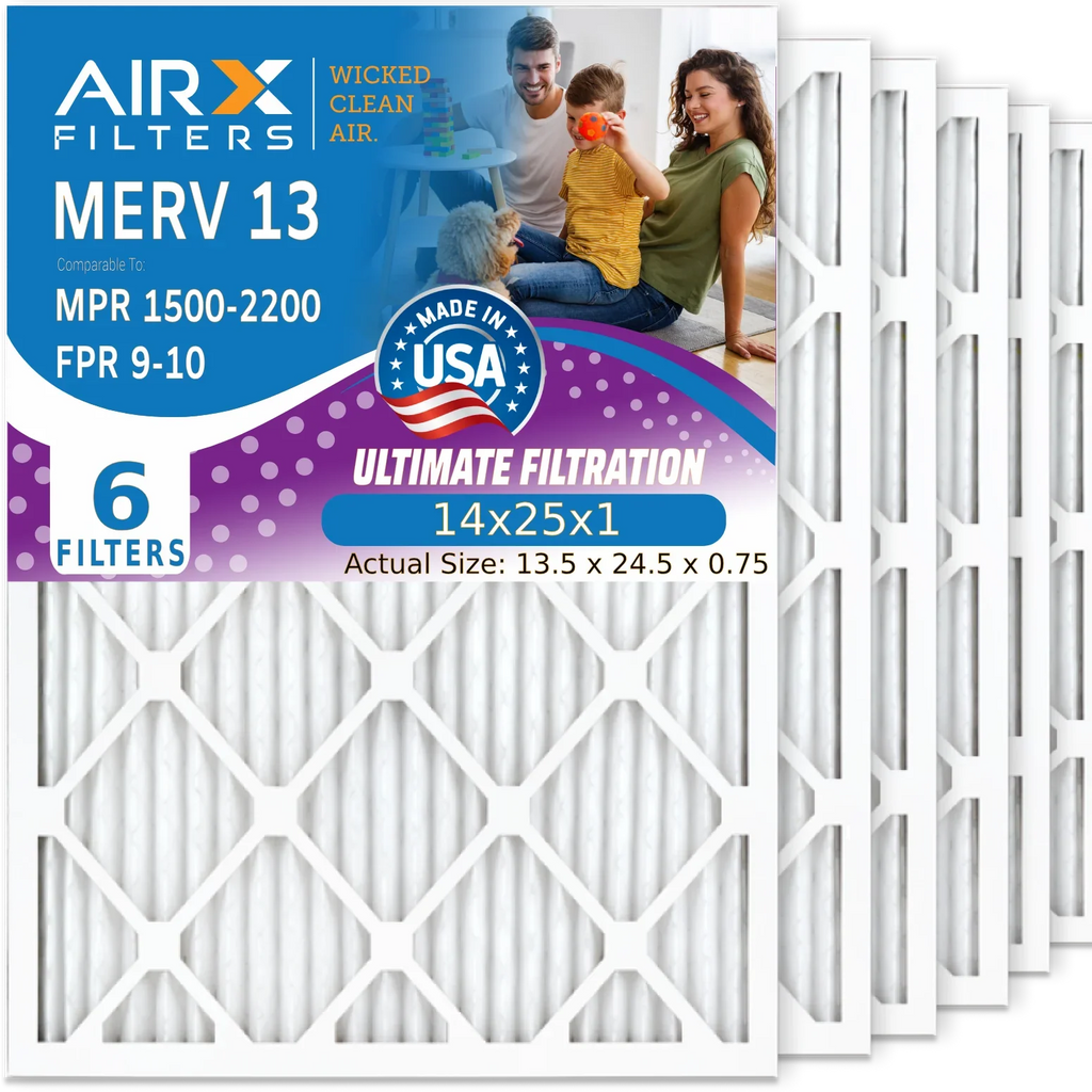 14x25x1 Air Filter MERV 13 Comparable to MPR 1500 - 2200 & FPR 9 Electrostatic Pleated Air Conditioner Filter 6 Pack HVAC AC Premium USA Made 14x25x1 Furnace Filters by AIRX FILTERS WICKED CLEAN AIR.