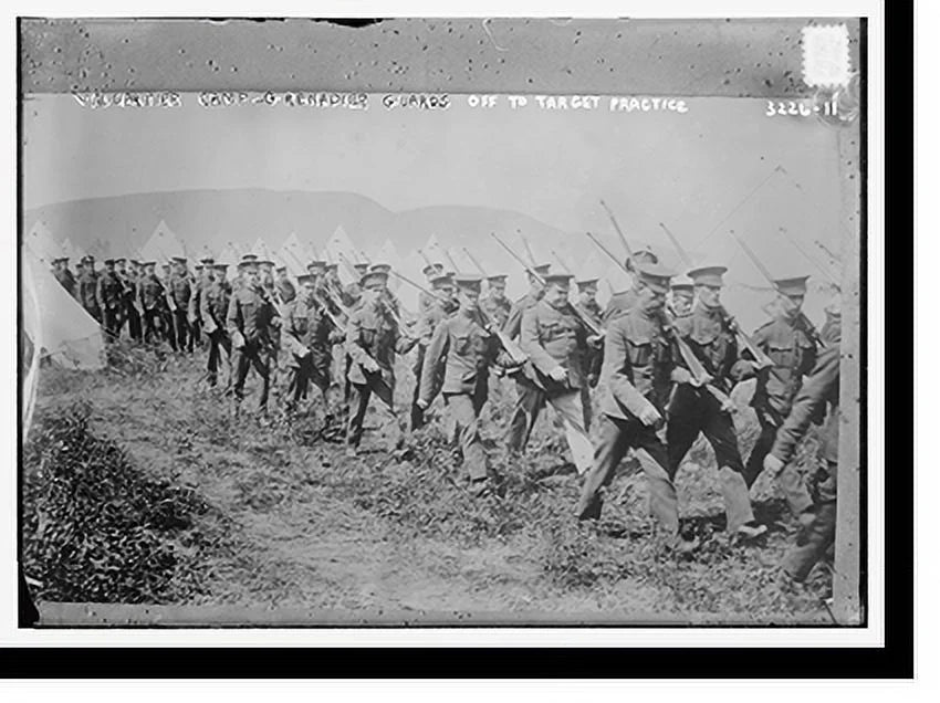 Historic Framed Print, Val Cartier camp - Grenadier guards off to target practice, 17-7/8" x 21-7/8"
