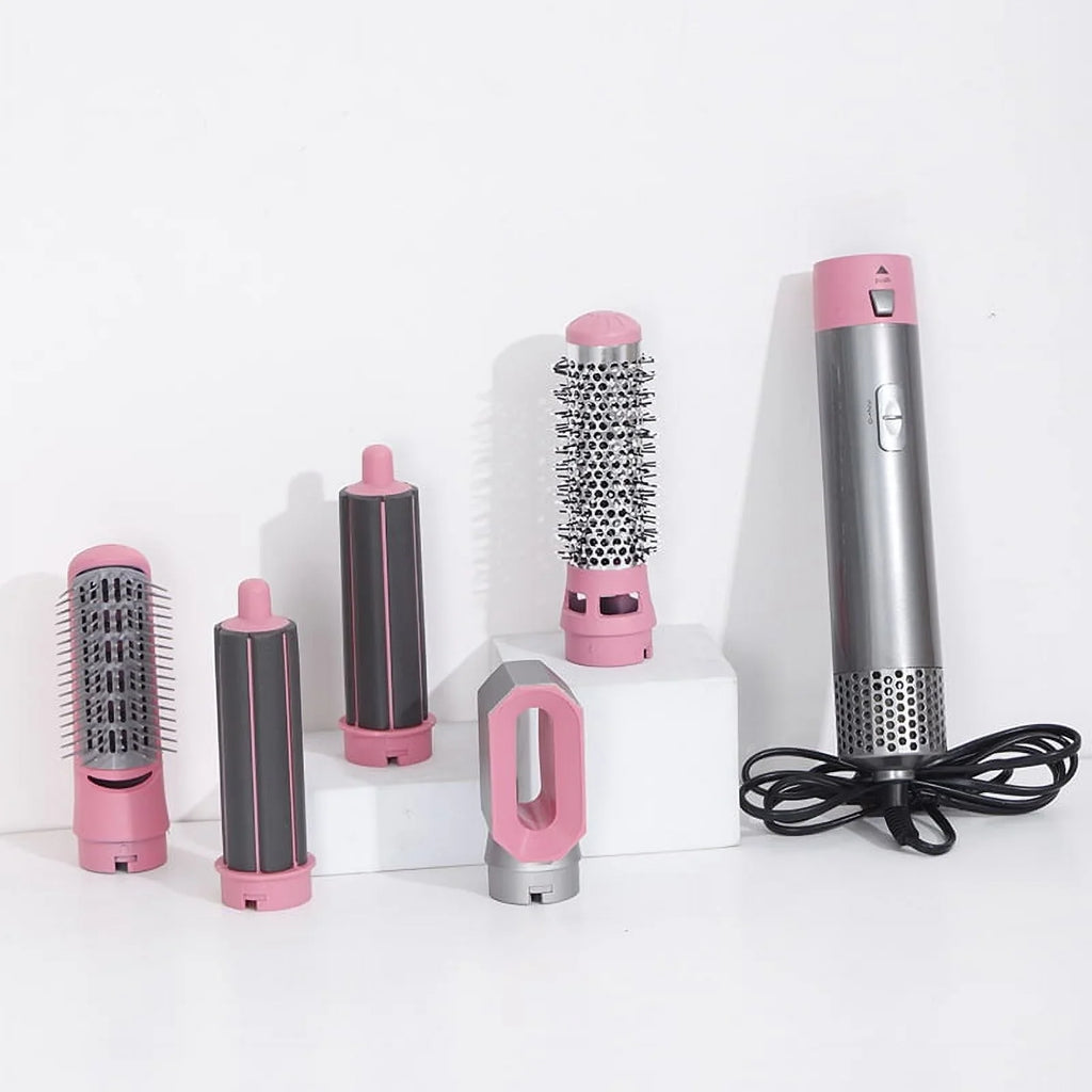 5-in-1 Electric Hair Dryer Brush - Negative Ionic Hair Styler with Detachable Brush Heads - Blow Dryer Brush for Straightening and Automatic Curling Styling, Color: Pink