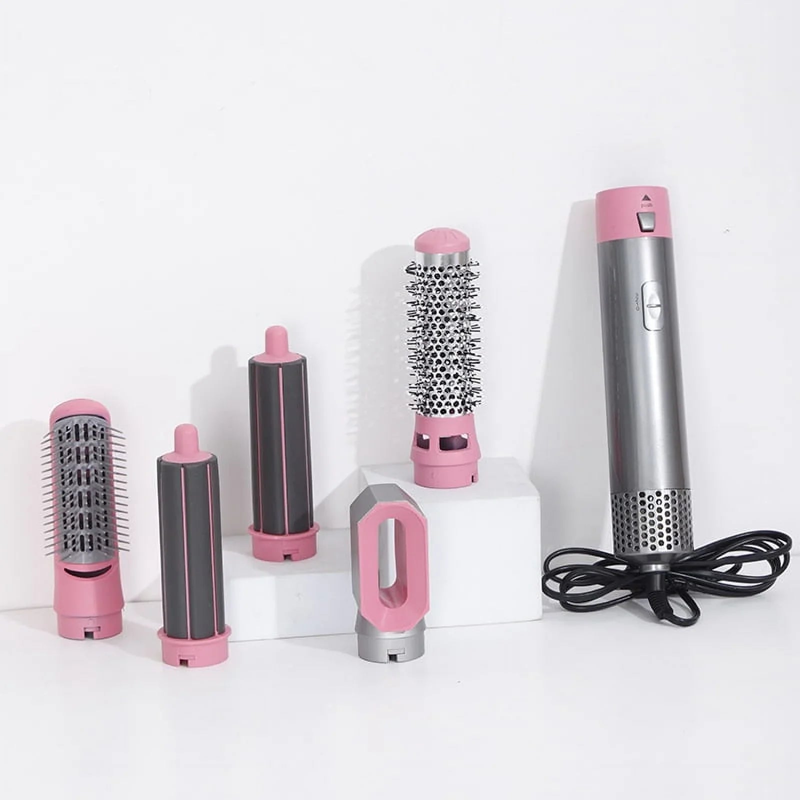 5-in-1 Electric Hair Dryer Brush - Negative Ionic Hair Styler with Detachable Brush Heads - Blow Dryer Brush for Straightening and Automatic Curling Styling, Color: Pink