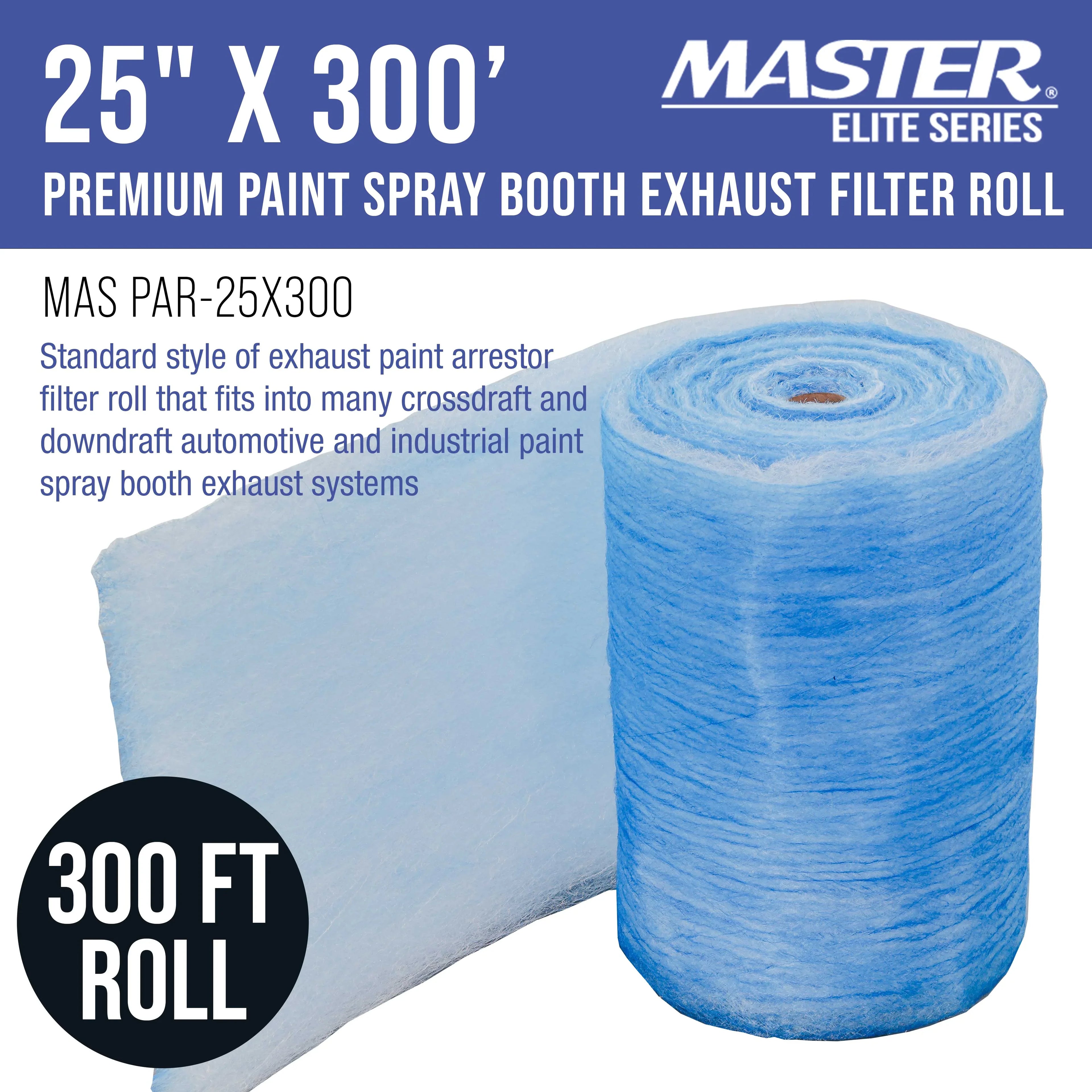 Master Elite Premium Paint Spray Booth Exhaust Filter Roll, 25" x 300' - 18 Gram Heavy-Duty Fiberglass Paint Arrestor - Captures Traps Overspray Paint Particles in Auto Autobody Refinish Booths