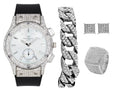 Bling-ed Out It's Lit! Hip Hop Watch & Jewerly Set w/Cuban Chain Bracelet, Kite Bling Earrings & Ring - GJM13 (8, ST10311 SB SLV) ASIN: B0CHF5CL34