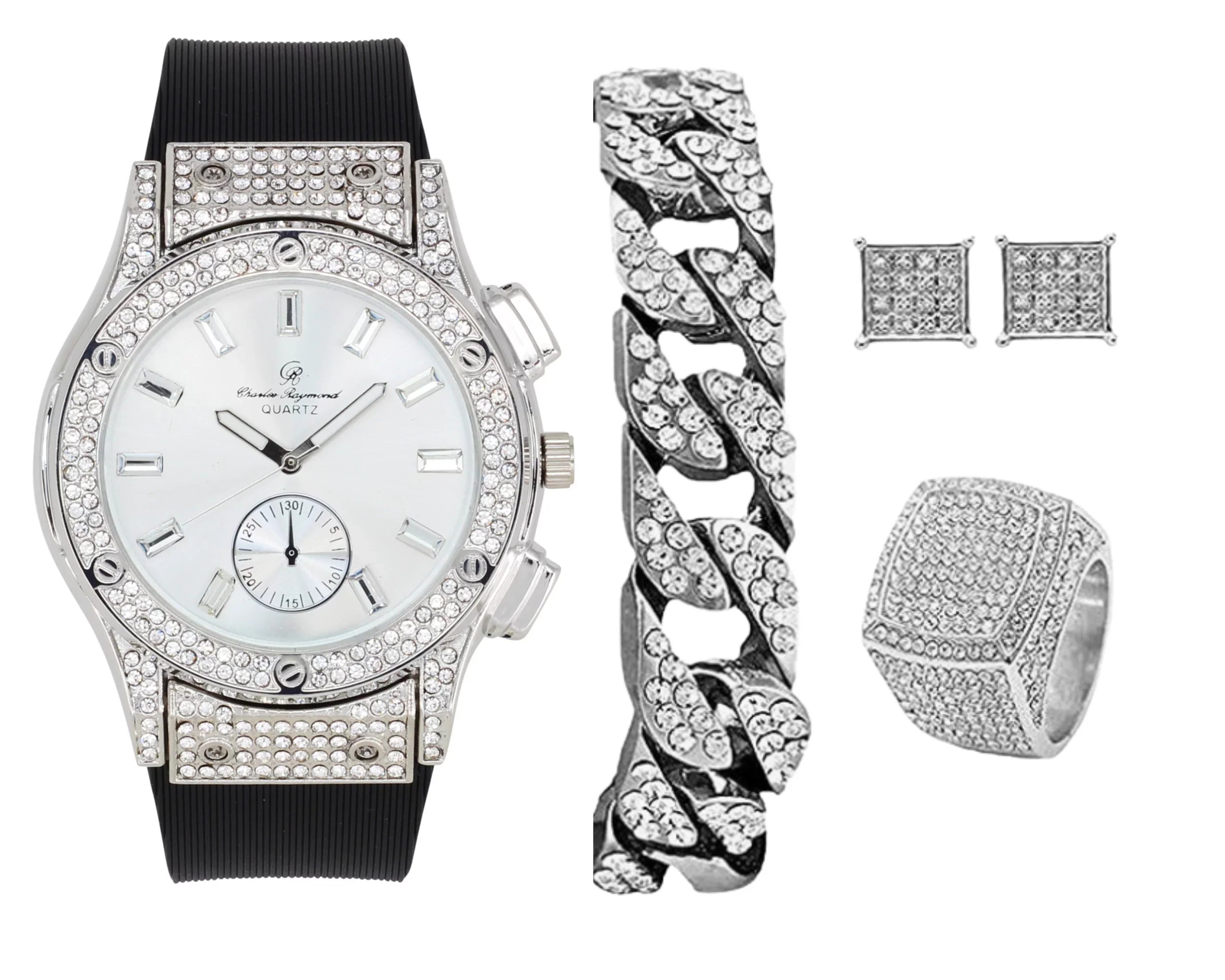 Bling-ed Out It's Lit! Hip Hop Watch & Jewerly Set w/Cuban Chain Bracelet, Kite Bling Earrings & Ring - GJM13 (8, ST10311 SB SLV) ASIN: B0CHF5CL34