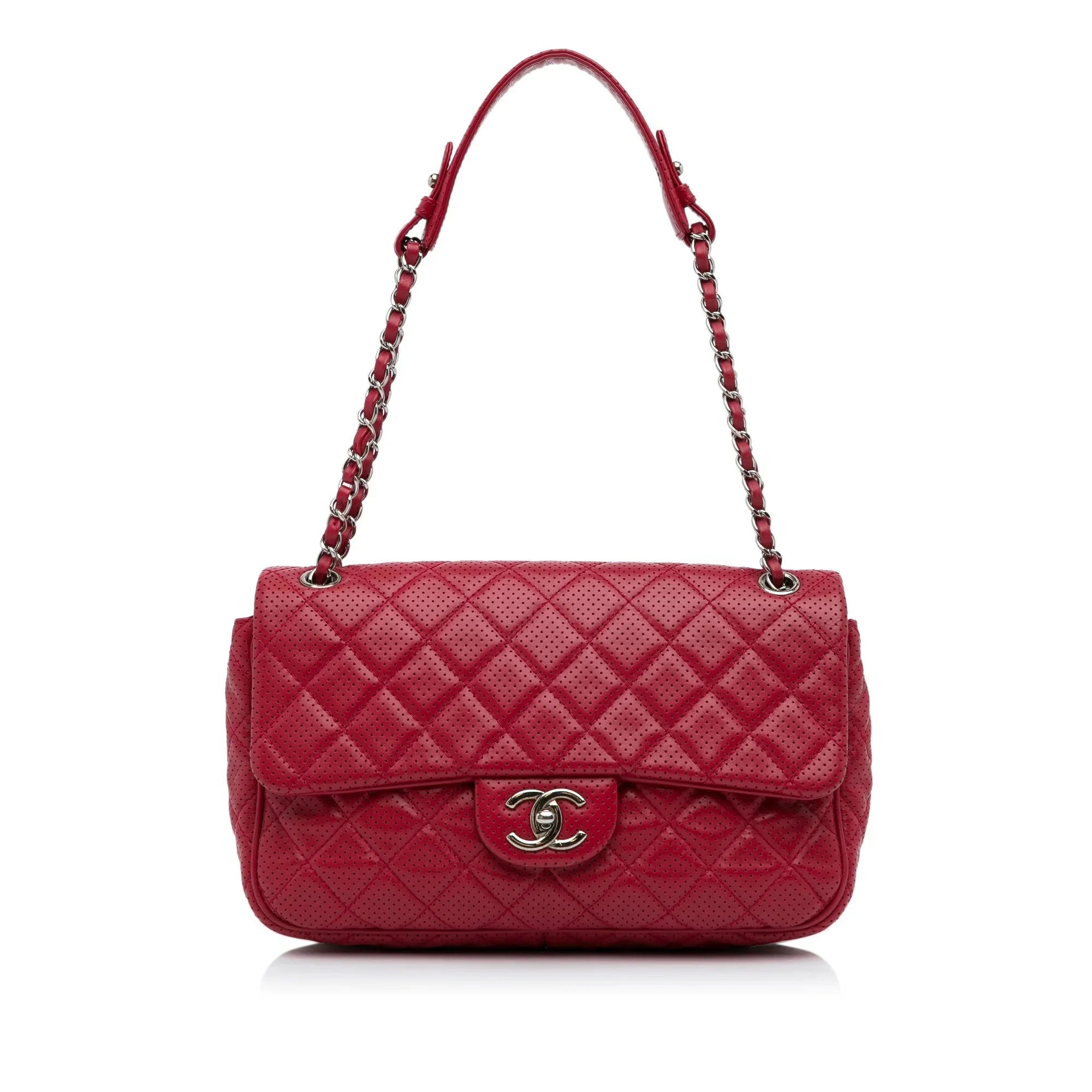 Pre-Owned Authenticated Chanel Jumbo Classic Perforated Lambskin Single Flap Leather Red Shoulder Bag Unisex (Good)