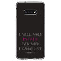 DistinctInk Clear Shockproof Hybrid Case for  Galaxy S10e (5.8" Screen) - TPU Bumper, Acrylic Back, Tempered Glass Screen Protector - 2 Corinthians 5:7 - Walk By Faith Even When I Cannot See