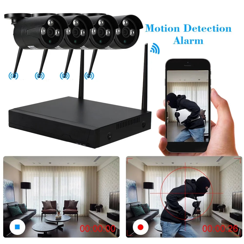 Radirus Wireless CCTV System, 4pcs 1.0MP WiFi IP Camera, 4CH 1080P NVR Kit, Phone Control