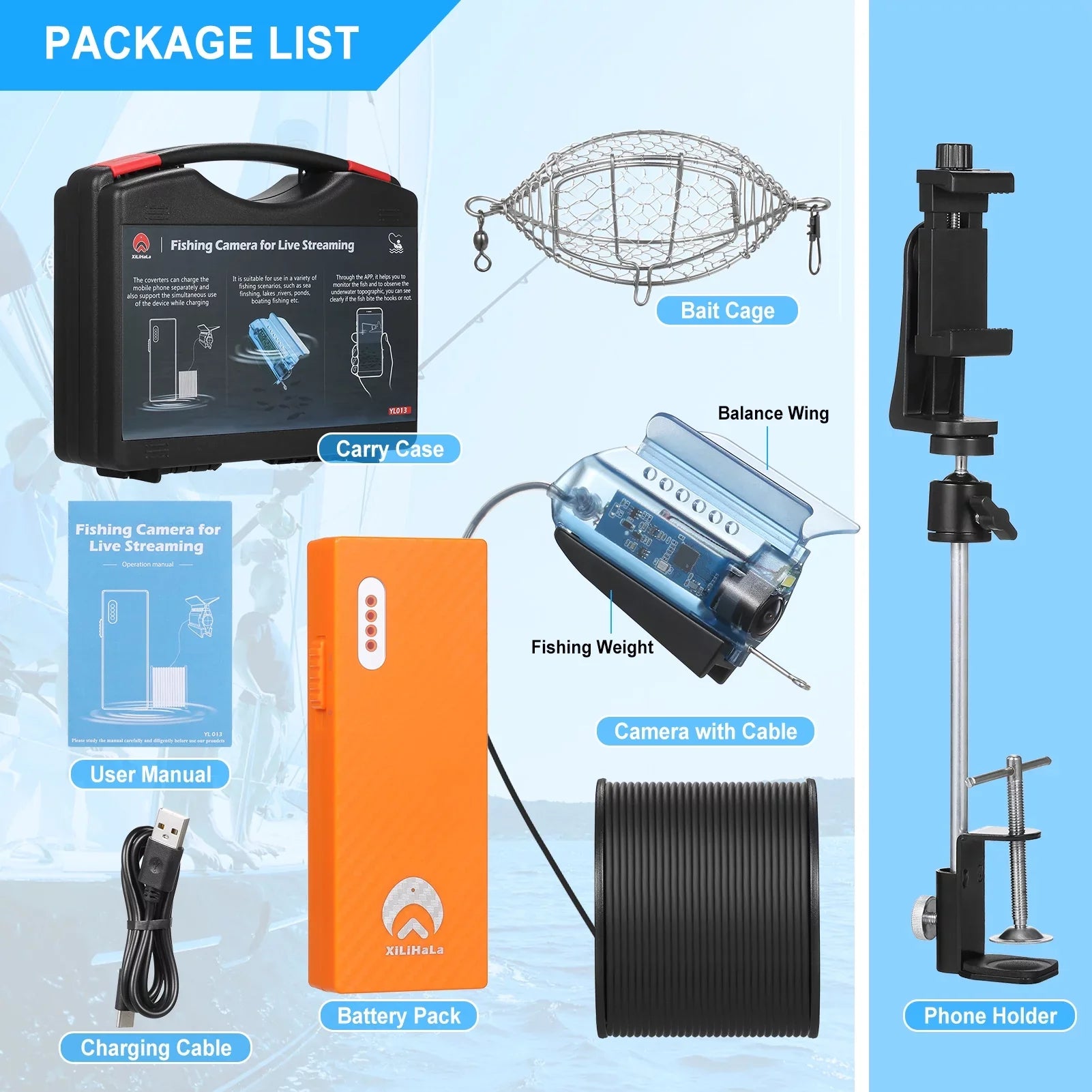 Dcenta 1080P Underwater Fishing Camera with APP Control Fishing Live Video Camera Fish Finder with 50M Cable Mobile Phone Holder Bait Cage Carry Case for Ice Lake Sea Boat Kayak Fishing