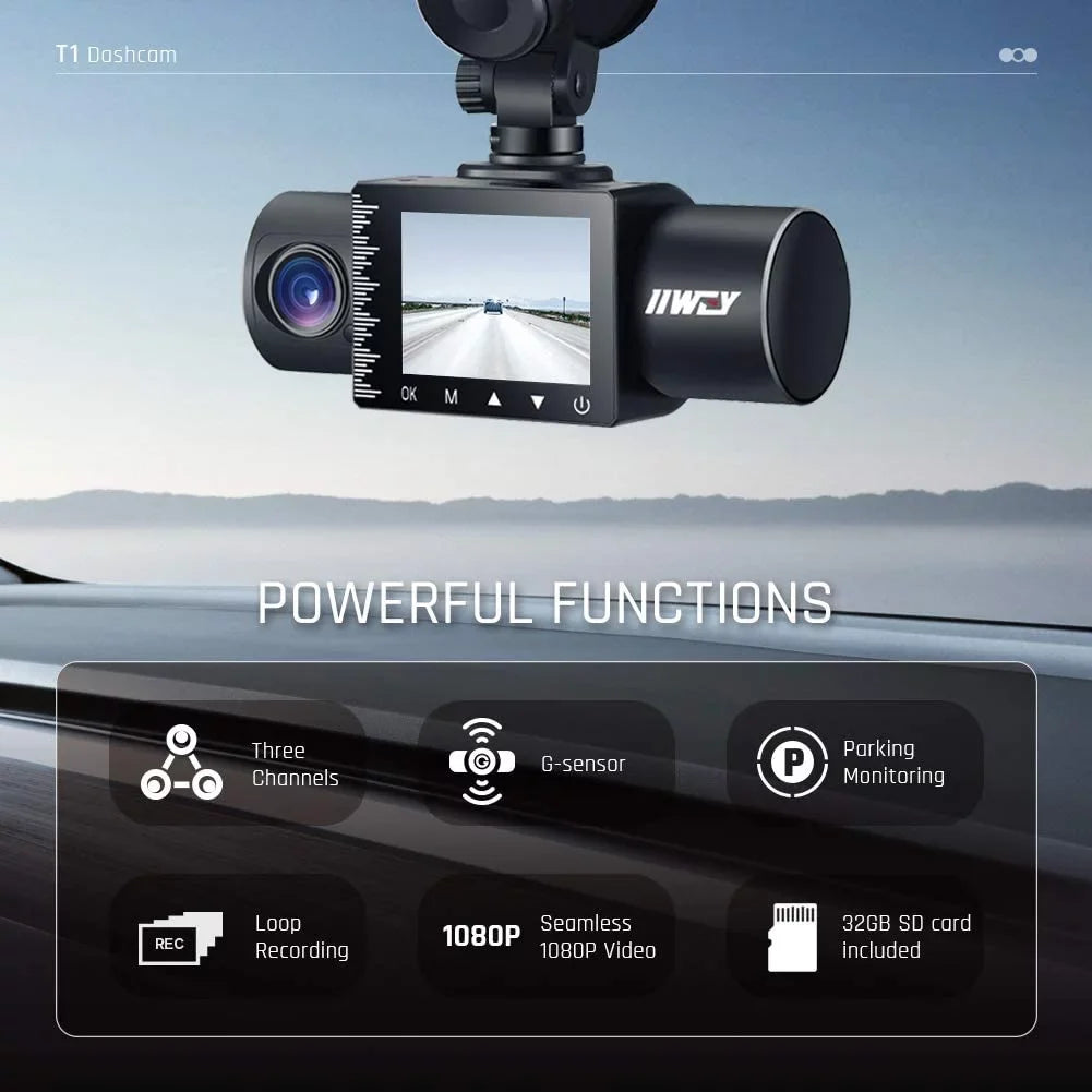 Dash Cam Front Rear and Inside 1080P Three Channels with IR Night Vision Car Camera SD Card Included Dashboard Camera Dashcam for Cars HDR Motion Detection and G-Sensor for Car, Taxi, Uber