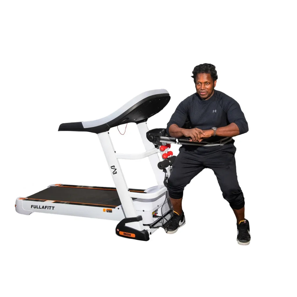 World Best Folding Treadmill by FULLAFITT, 4.5, Massage Belt, Wide LED Monitor, Bluetooth, Speakers, Preset Programs, Pulse Grip, Pressure Free Running Board