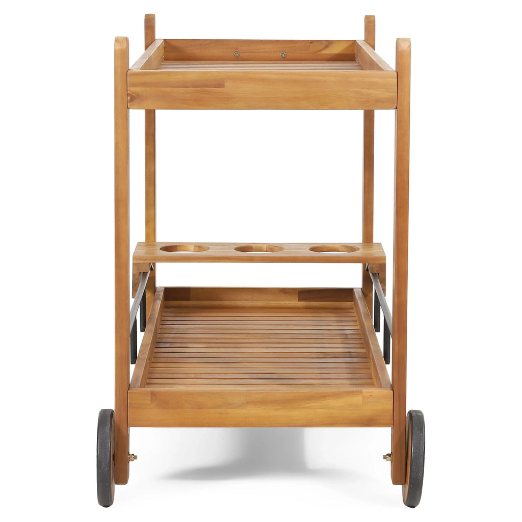 GDF Studio Bonneau Outdoor Acacia Wood 2 Tiered Bar Cart with Bottle Holders, Teak and Black