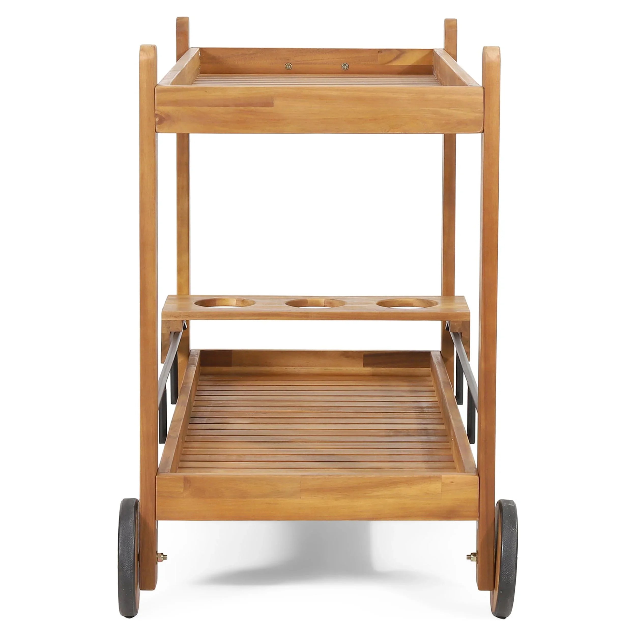 GDF Studio Bonneau Outdoor Acacia Wood 2 Tiered Bar Cart with Bottle Holders, Teak and Black