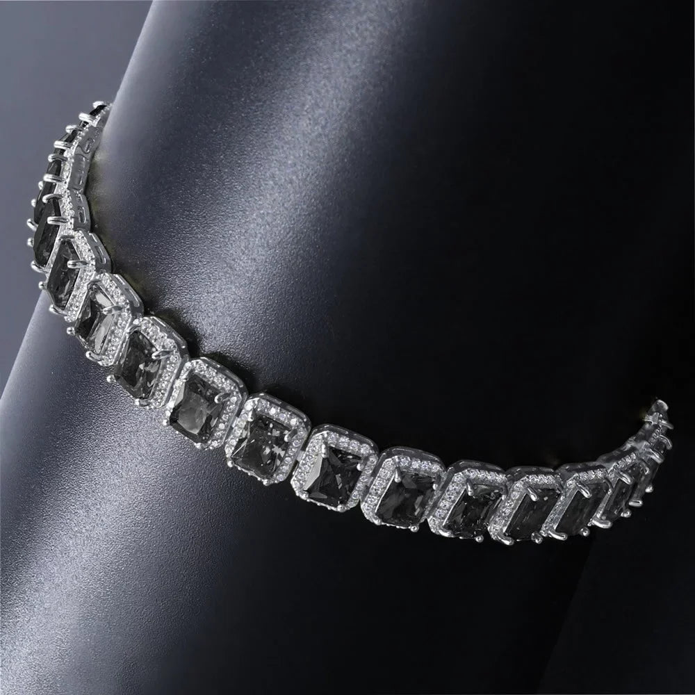 14K White Gold Finish Onyx Black SimuLatitudeed Diamonds Solitaire Mens Ladies Bracelet 10mm / 8.5 Inch