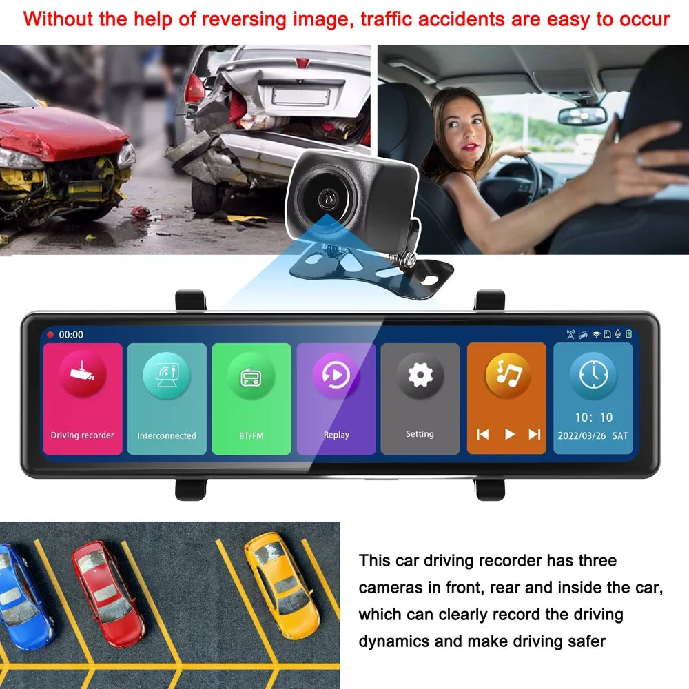 Gecheer 3 Cameras Dash Cam 12in 2.5K Clear Car Rearview Mirror  Car Video Recording  Touched Screen Car  Recorder Auto Driving Recorder