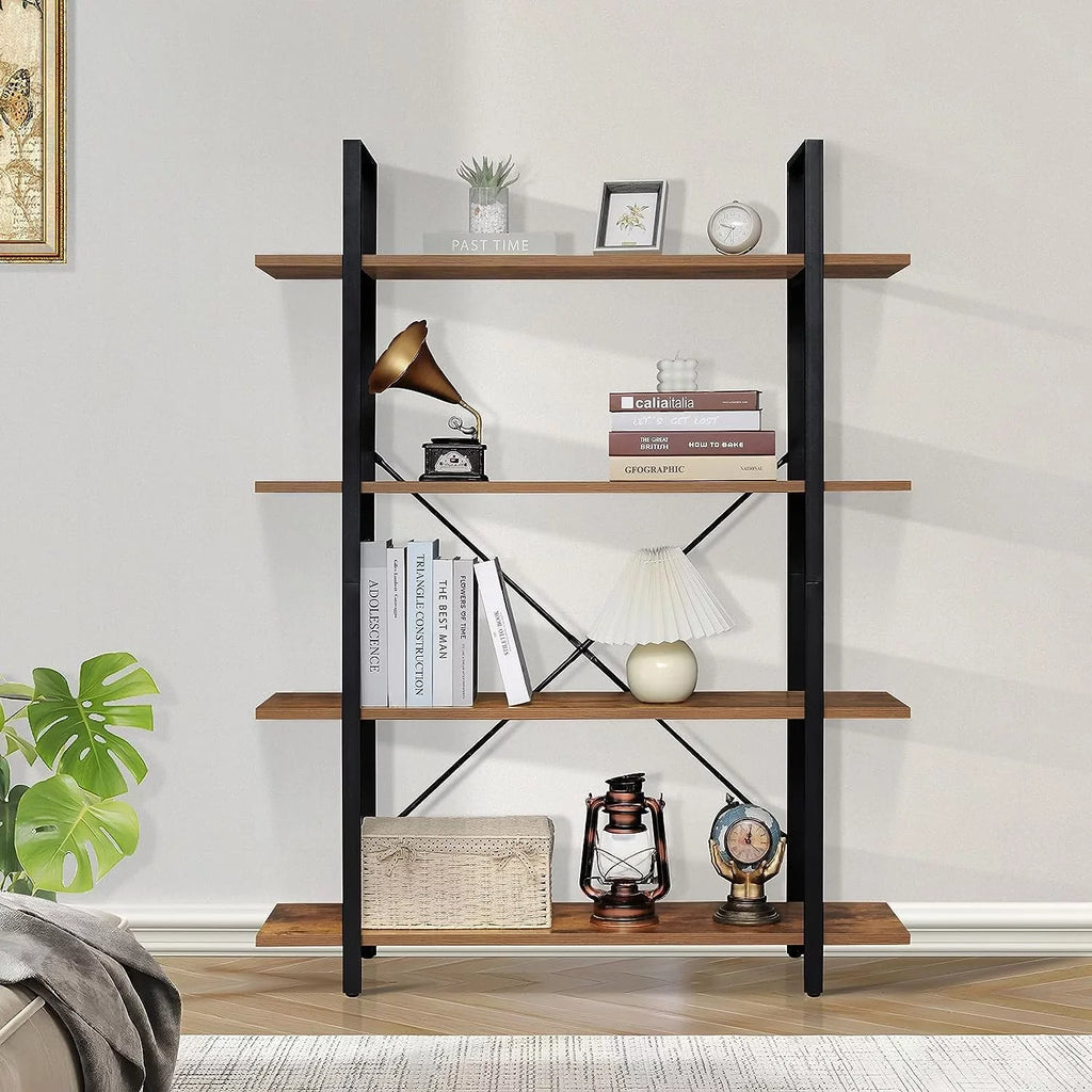DIQIN 4-Tier Bookshelf, Tall Bookcase with Metal Frame, Book Shelf, Open Display Shelves for Living Room, Bedroom, Home Office, Rustic Brown